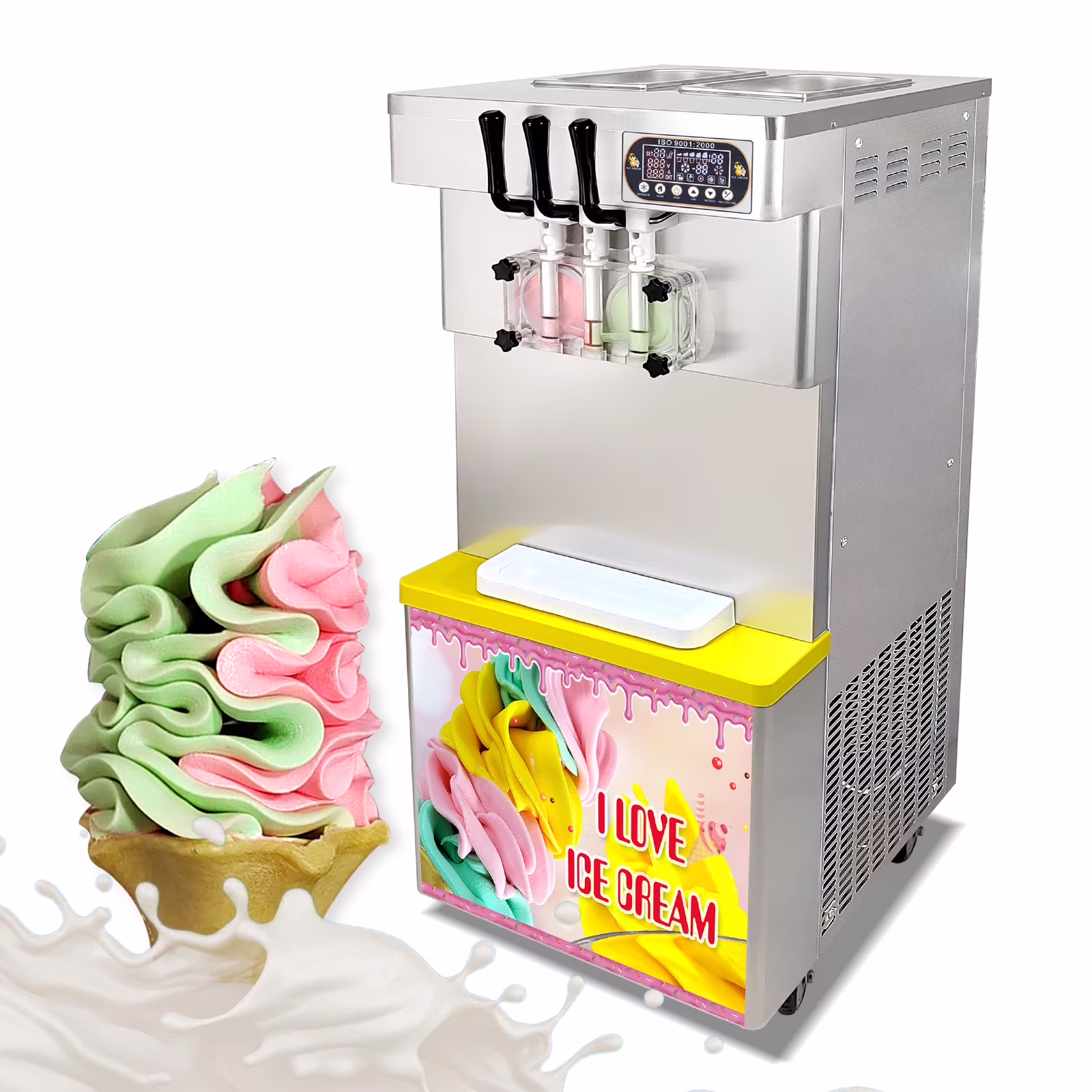 Commercial 3 Flavors Soft Serve Ice Cream Machine-Full Transparent Dispenser,Upper tanks Coolated
