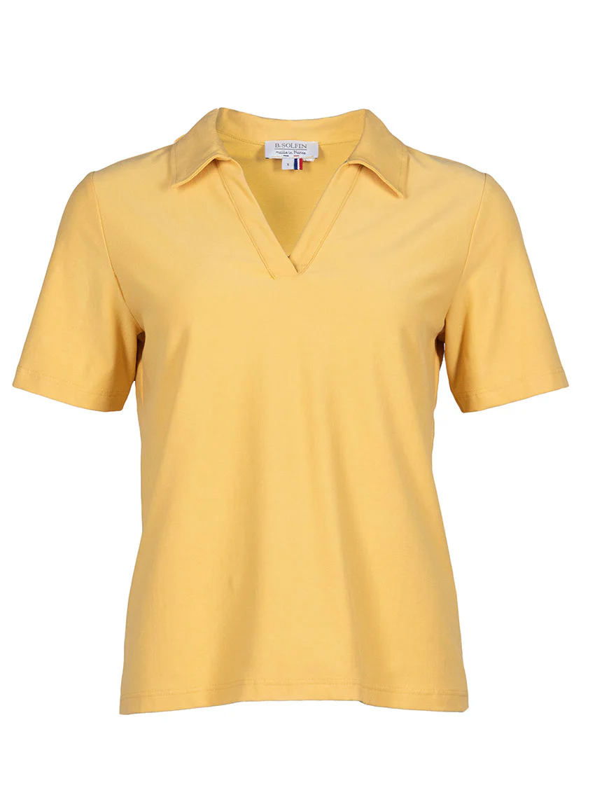 Polo femme en maille de coton jaune épicé