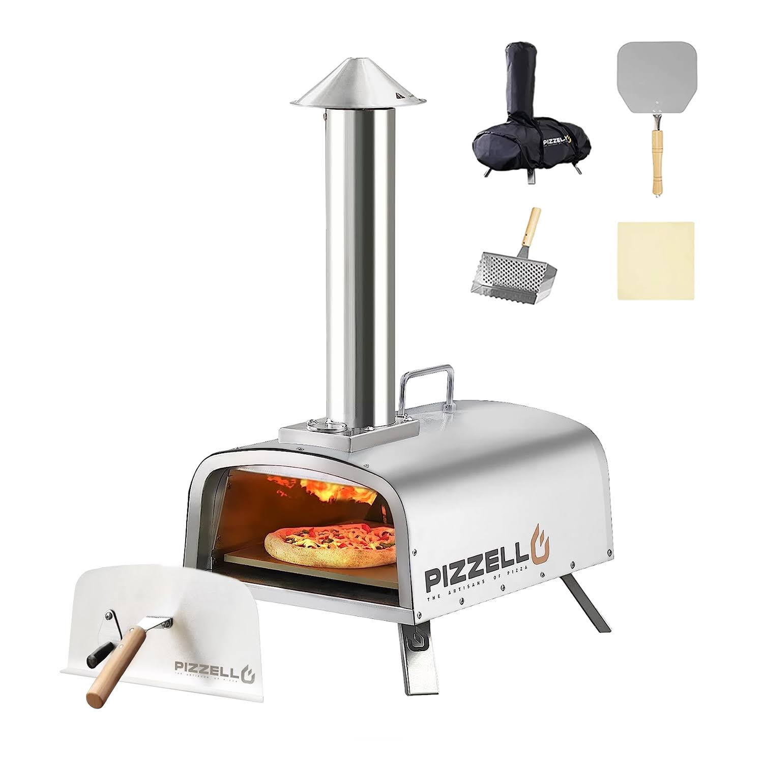 PIZZELLO Outdoor Wood Fired Pizza Oven Portable Pellet Pizza Ovens for Outside,Pizza Maker with Pizza Stone, Pizza Peel, Waterproof Cover (Silver)