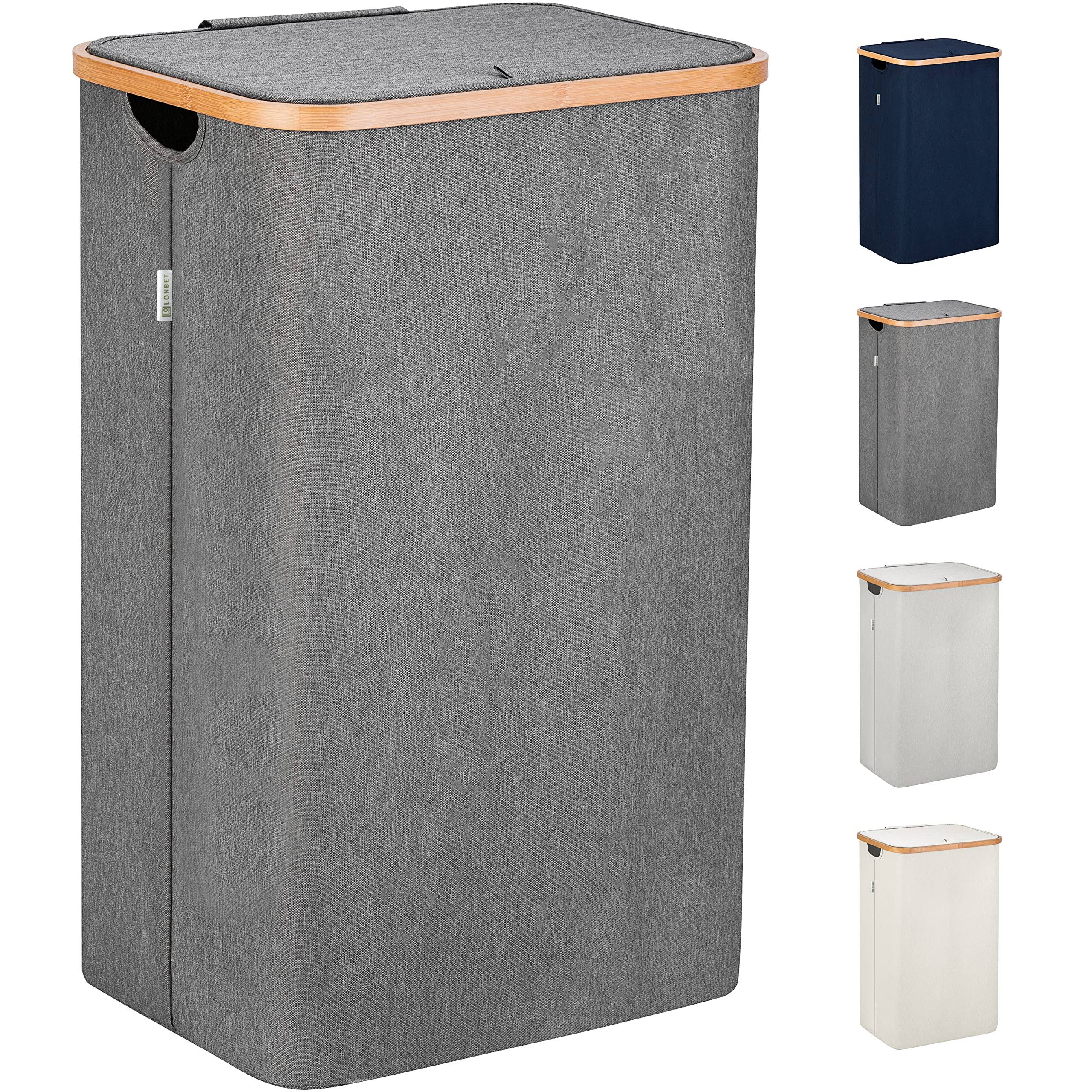 Lonbet - Grey Laundry Hamper with Lid - XL 100 L - Large Hampers for Laundry with Handles - Laundry Baskets with Lid for Bedrooms - Bamboo Bathroom