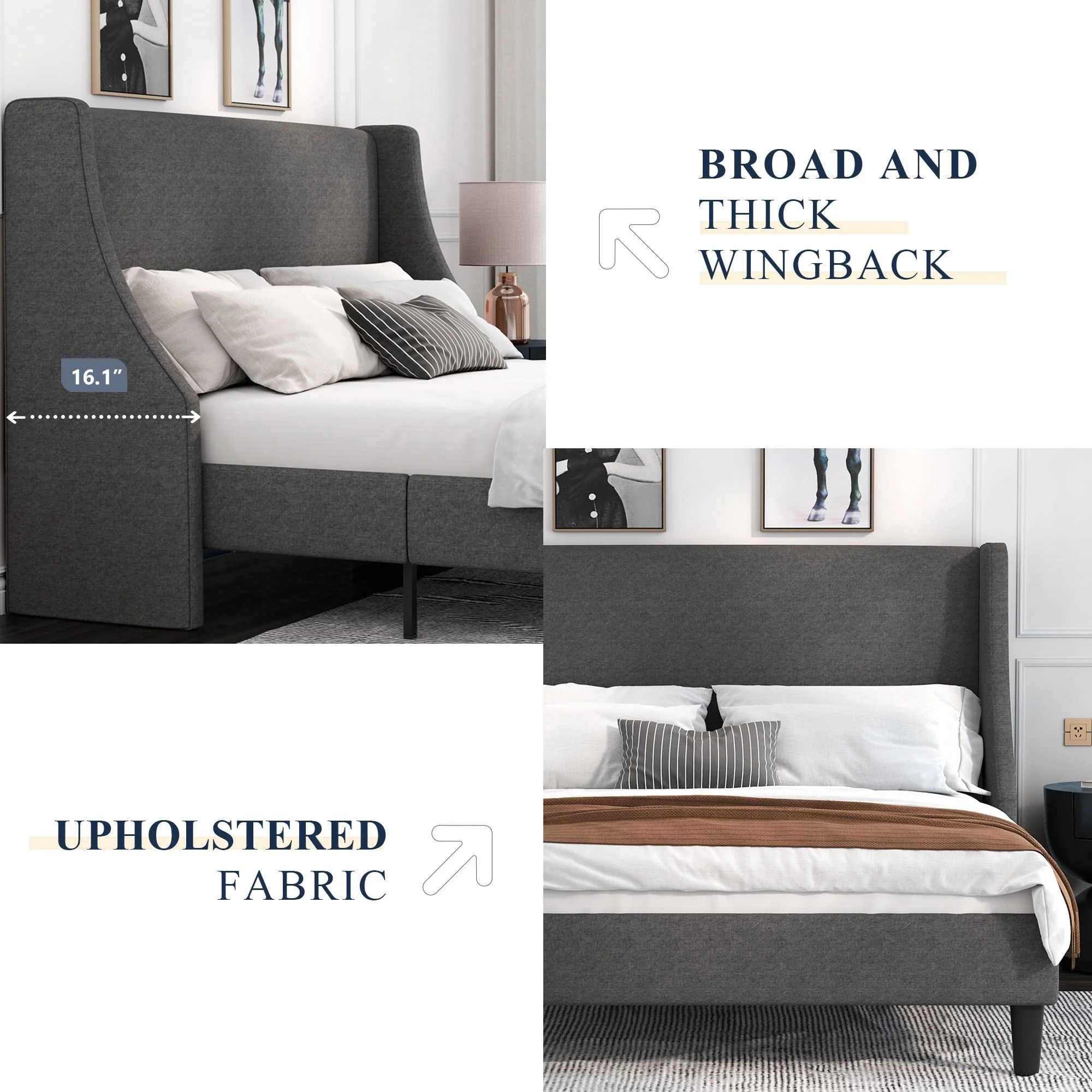 King Size Fabric Upholstered Platform Bed Frame with Wingback Headboard, Dark Grey(Full/Burnt Orange) - Image 8