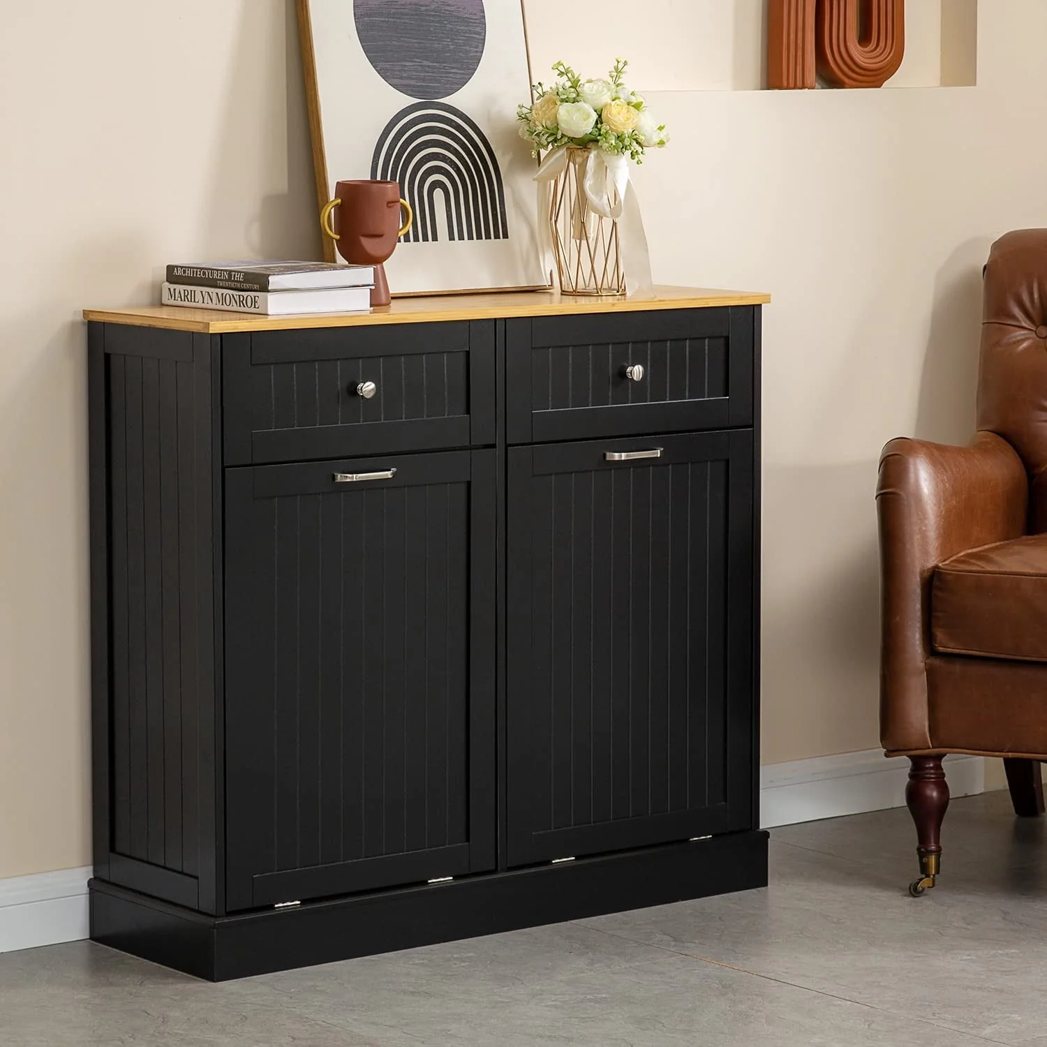 Kitchen Trash Cabinet Double Tilt Out Trash Cabinet with 2 Hideaway Drawers, Solid Wood Tabletop Free Standing Recycling Cabinet Pet Proof Trash Can Holder with Storage, Black(Black)