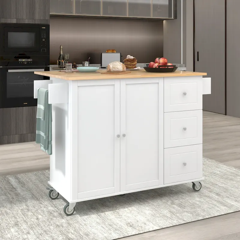 Mobile Kitchen Island on Wheels with Solid Wood Top and Locking Casters