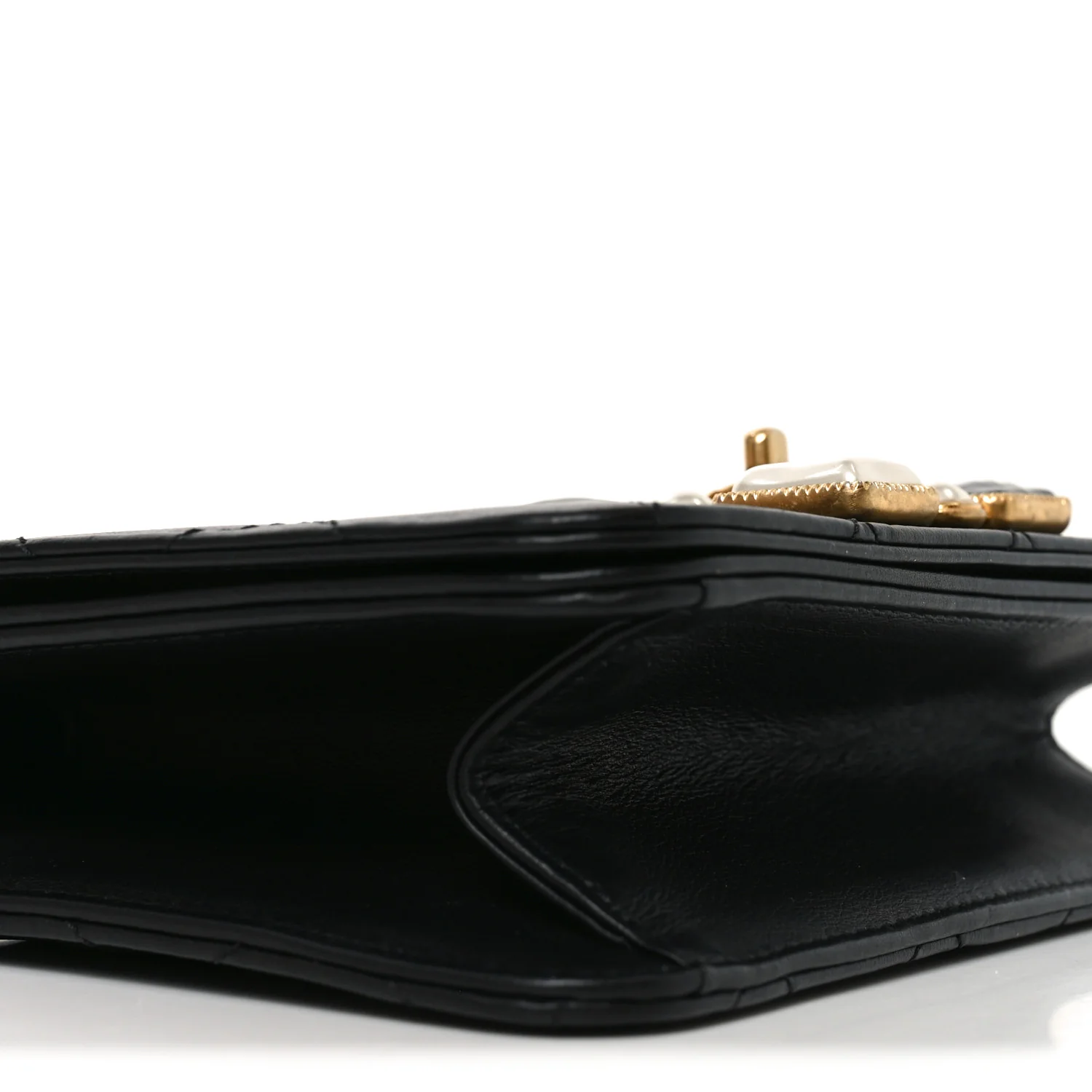 Calfskin Quilted Crystal Pearl Small Flap Bag Black