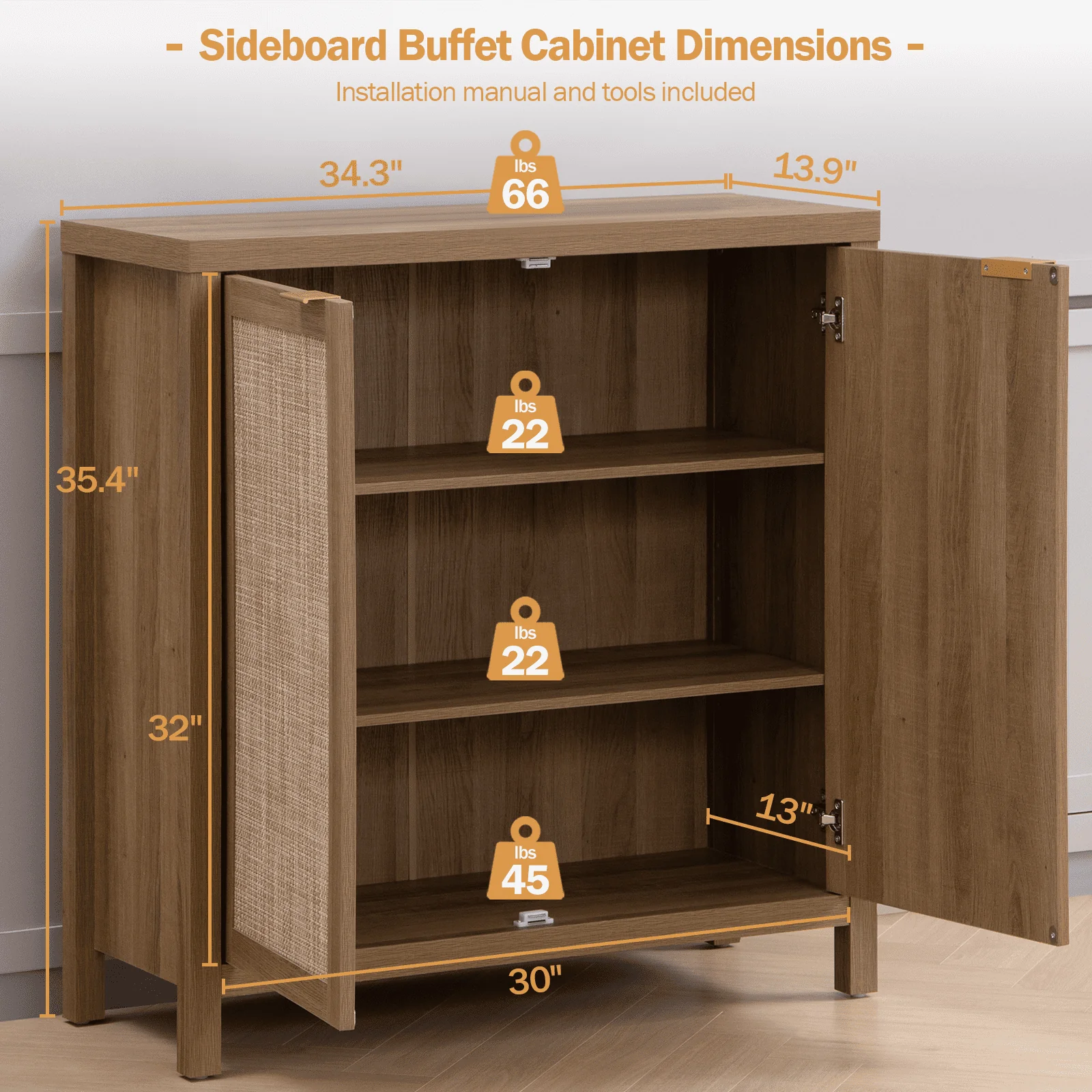Sanspredet Sideboard Buffet Cabinet Set of 2, Rattan Cabinet with Doors Farmhouse Kitchen Storage Cabinet, Boho Liquor Cabinet Accent Cabinet(1pcs/Black)