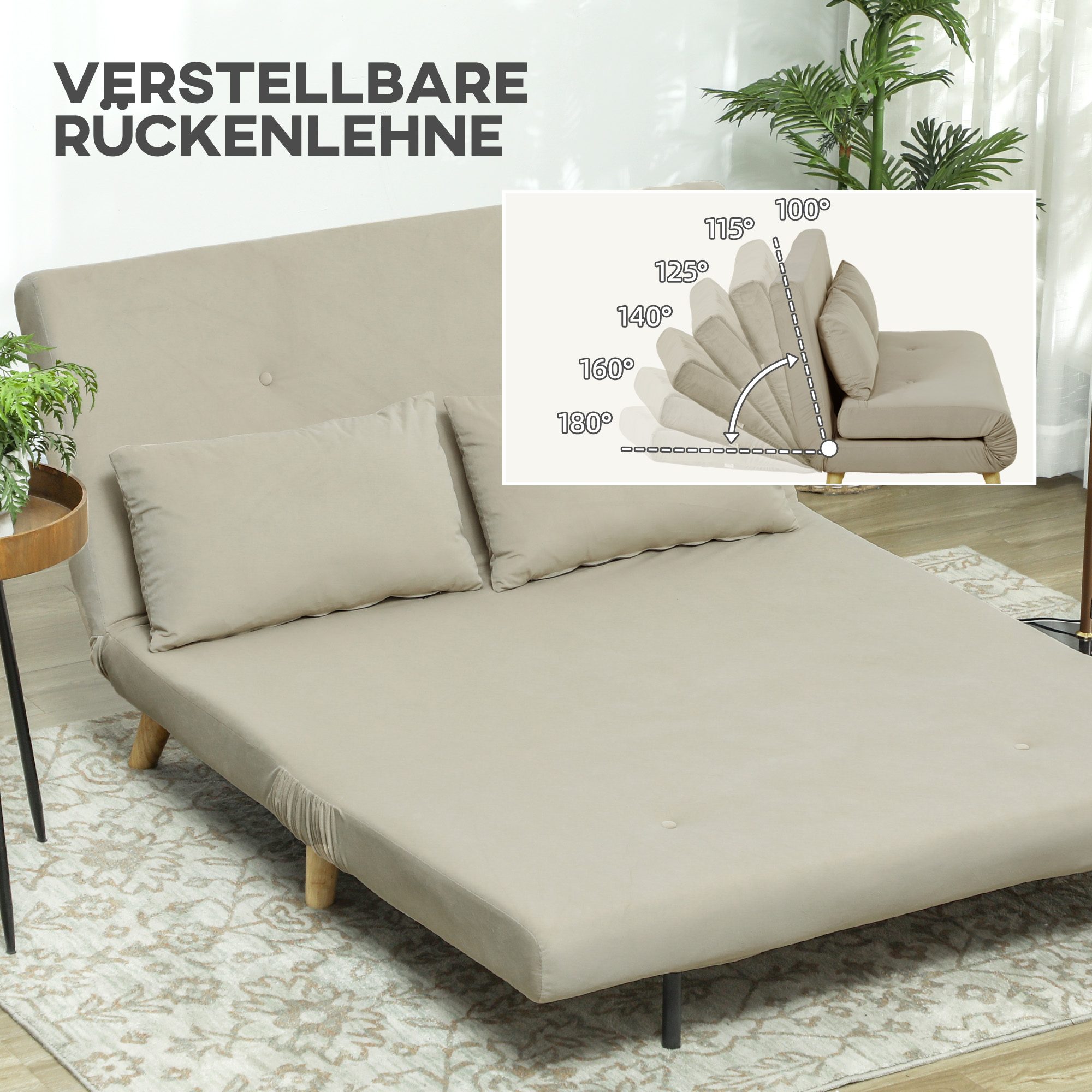 HOMCOM Slaapbank Relaxbank Sofa Couch, Incl. 2 Kussens, Fluweeloptiek, 130 x 78 x 79 cm, Beige