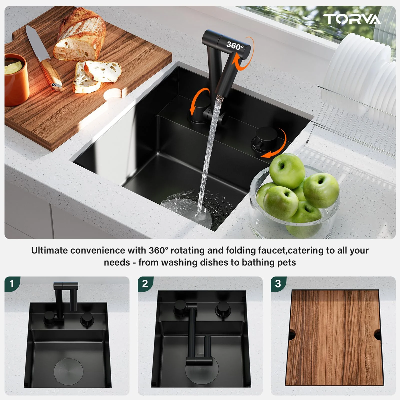 RV Kitchen Sink, 13 x 15 x 7 Inch Undermount Bar Sink 16 Gauge Stainless Steel Single Bowl Sink with Foldable Faucet Cutting Board, Dark Grey - Image 4