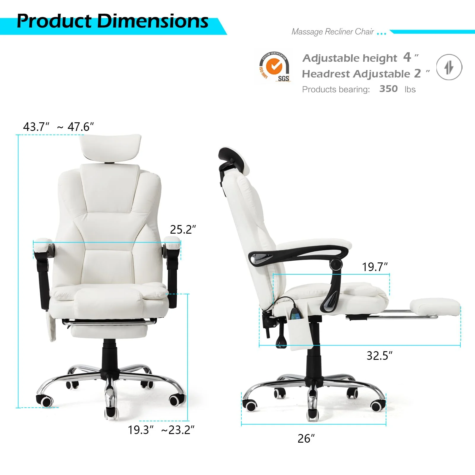 AECOJOY Office Chair with 7 Points Vibration Massage&Heat, Adjustable Ergonomic Recliner, Cream White