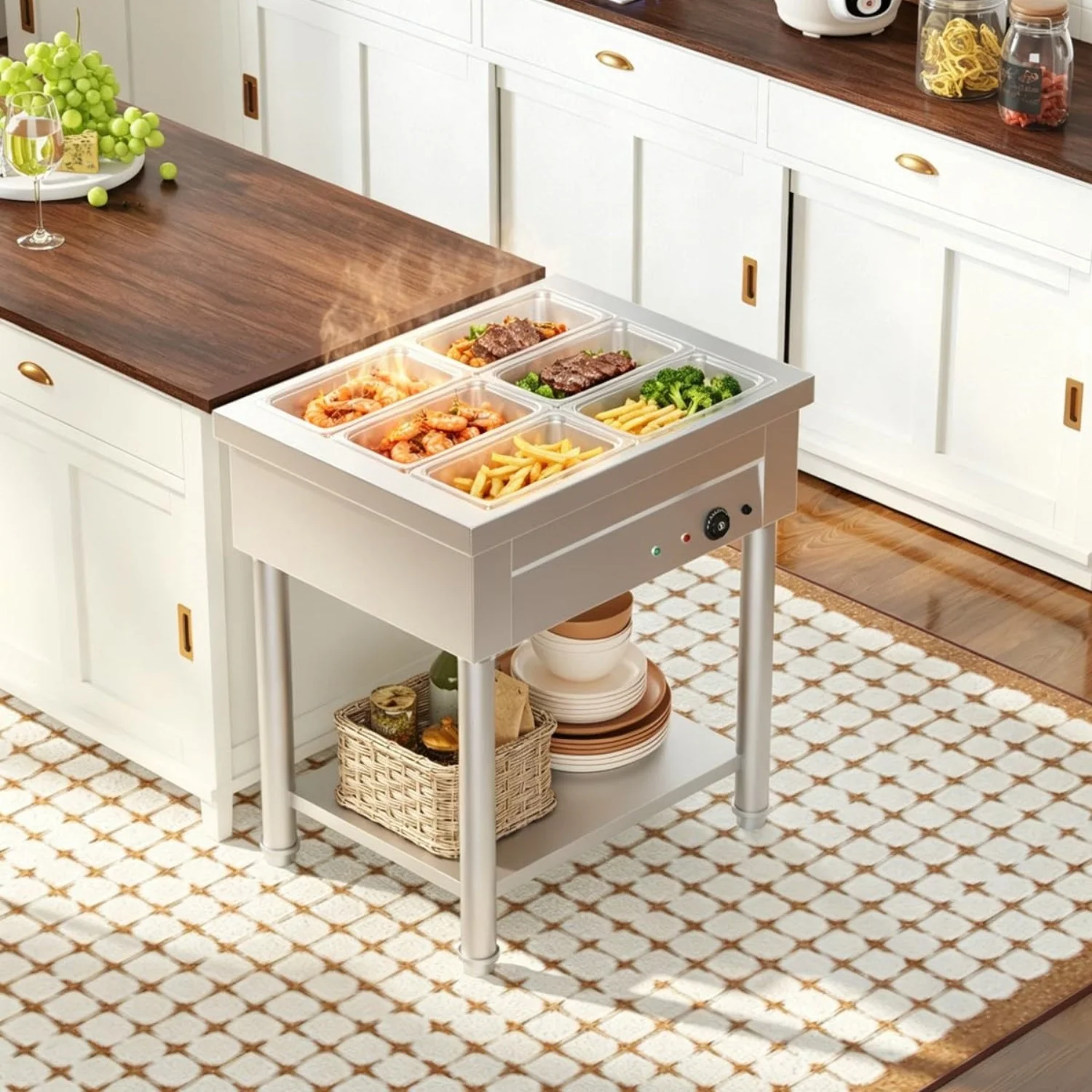 AECOJOY Commercial Food Warmer 1500W Electric Steam Table with 6x6QT Pans & Shelf