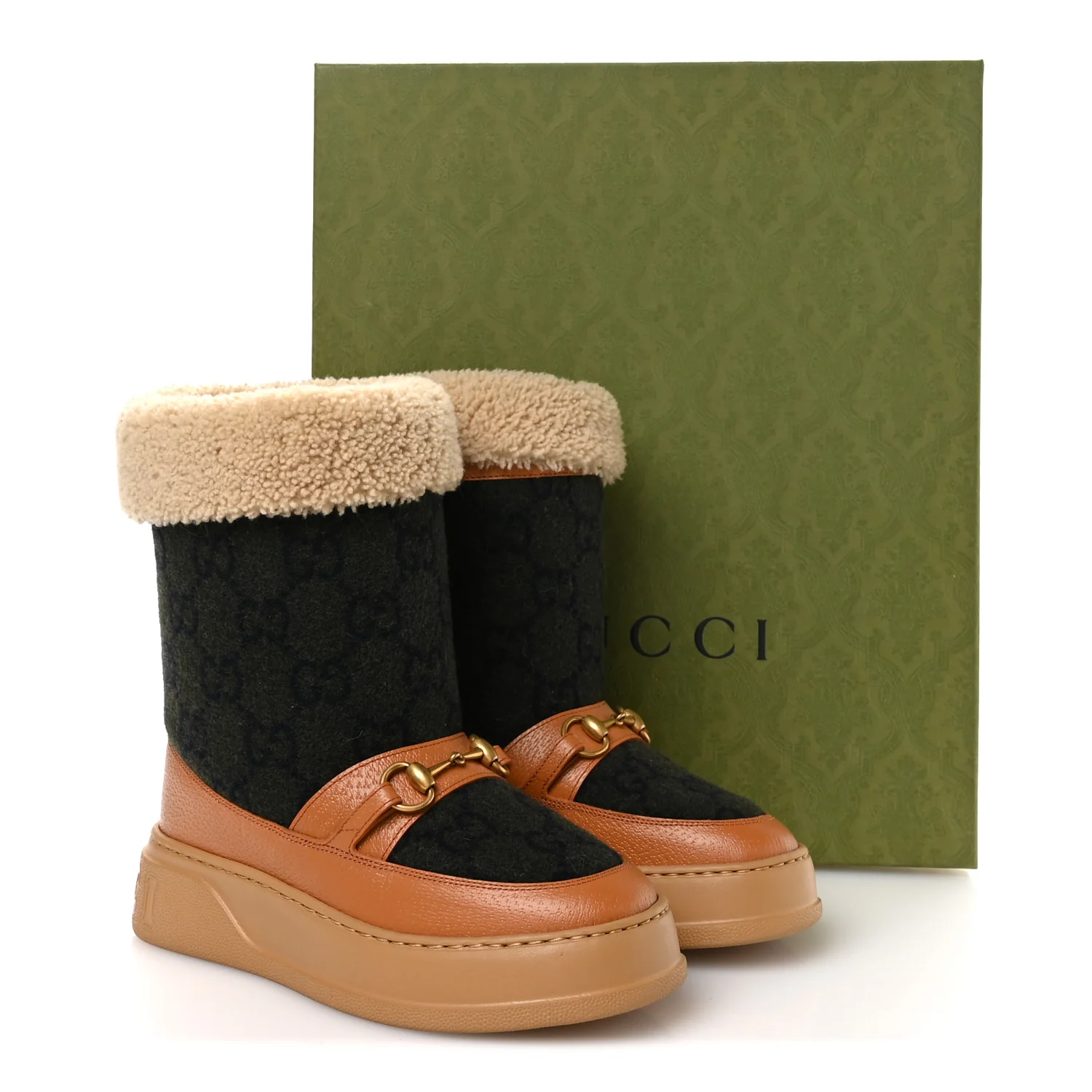 Covered Wool Monogram Textured Dollar Calfskin Shearling Horsebit Snow Boots 37 Underwood Blue Hazel Brown