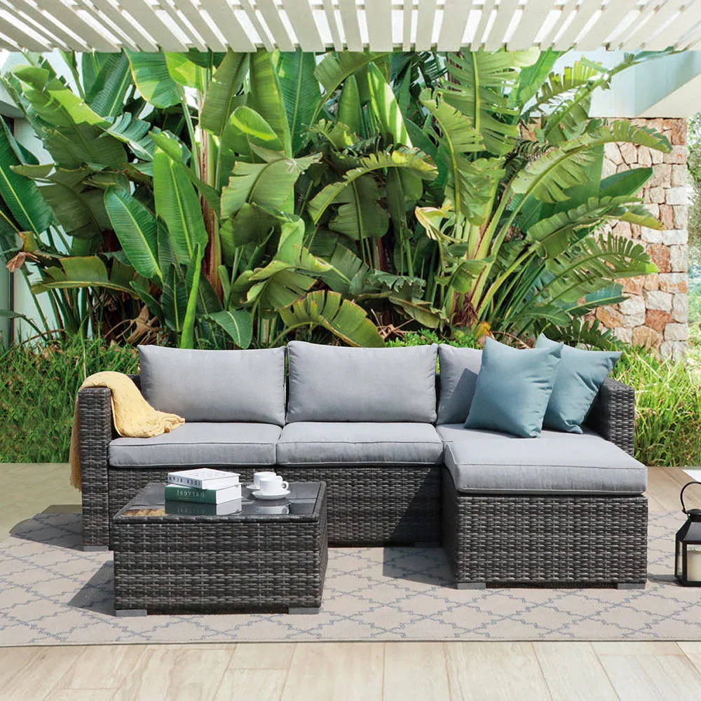 Patiorama 5-Piece Patio Furniture Set, Outdoor Sectional Conversation Set, All-Weather Grey PE Wicker with Light Grey Cushions, Backyard Porch Garden