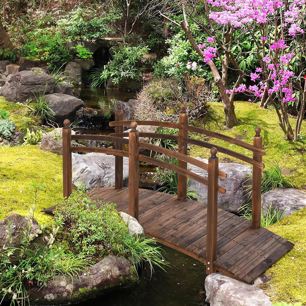 Resenkos Garden Bridge, Garden Ornament Bridge,Fir Wood Garden Bridge Arc Walkway with Side Railings, Perfect, Carbonized