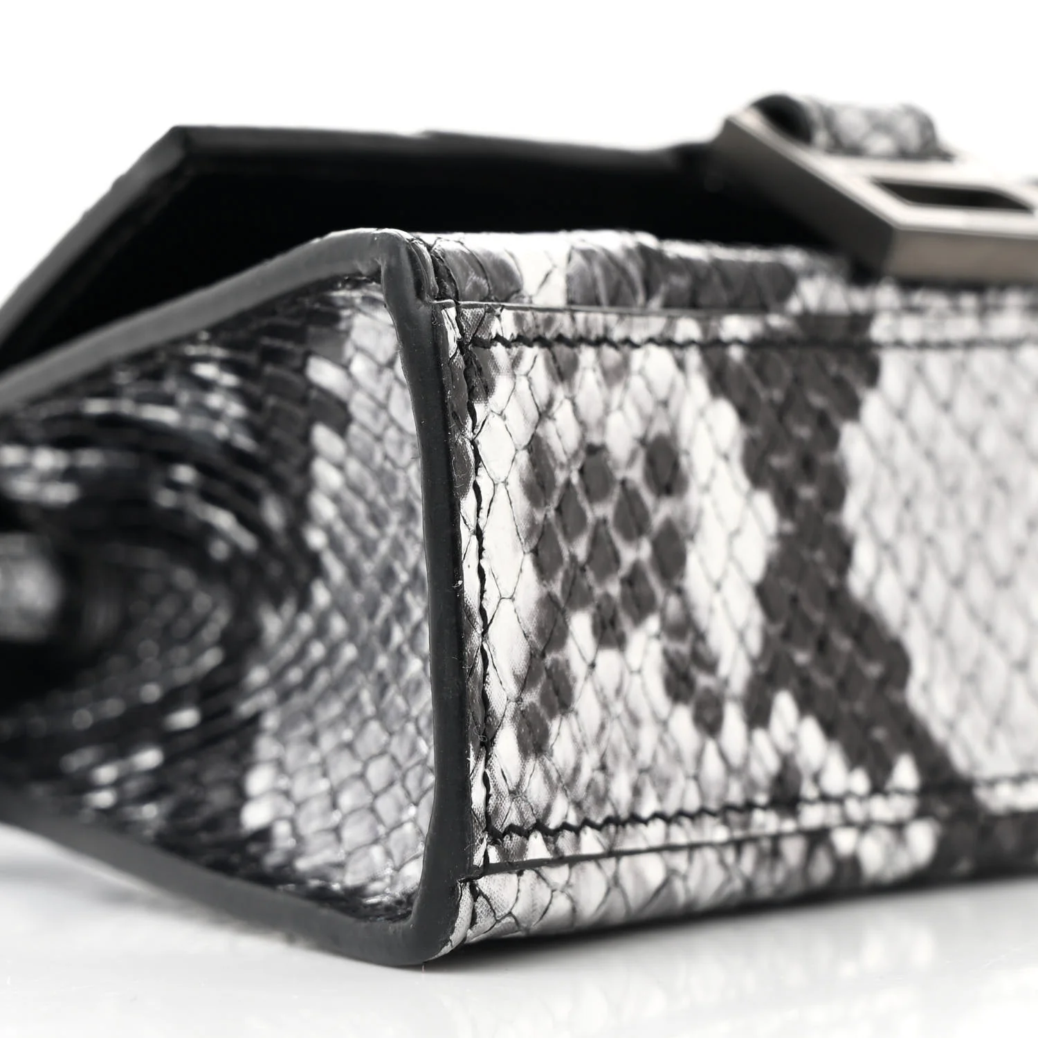 Shiny Calfskin Snakeskin Effect Hourglass Top Handle Bag Mini Silver Black