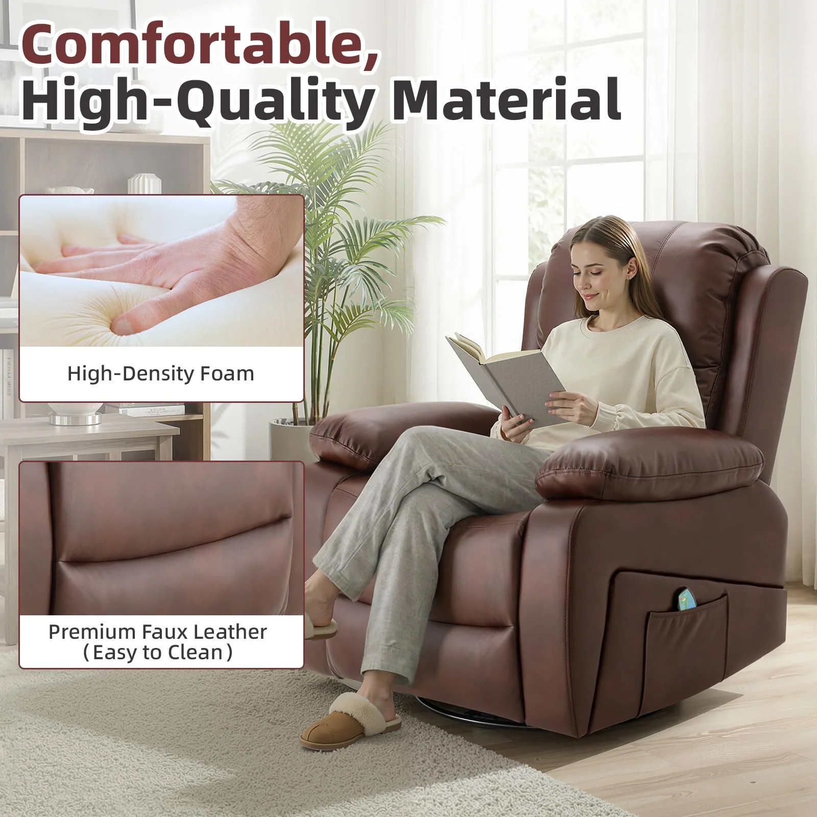 AECOJOY 360° Swivel Recliner Chair with Massage and Heat, Manual Reclining Leather Recliner Chair, Brown