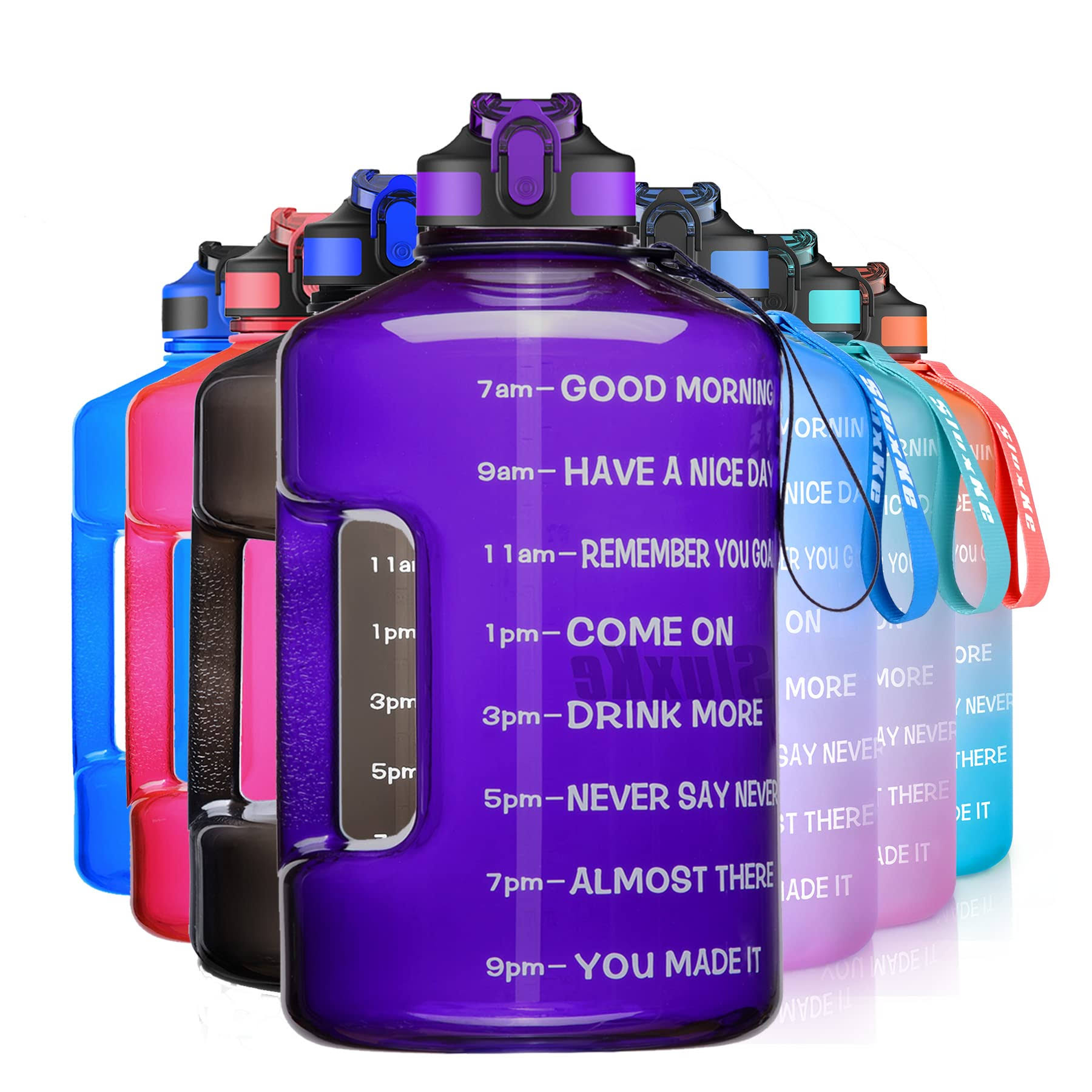 SLUXKE 1 Gallon Water Bottle with Time Marker and Straw, BPA Free 128oz Leak Proof Motivational Large Water Bottle Jug with Handle, Pop Up Open