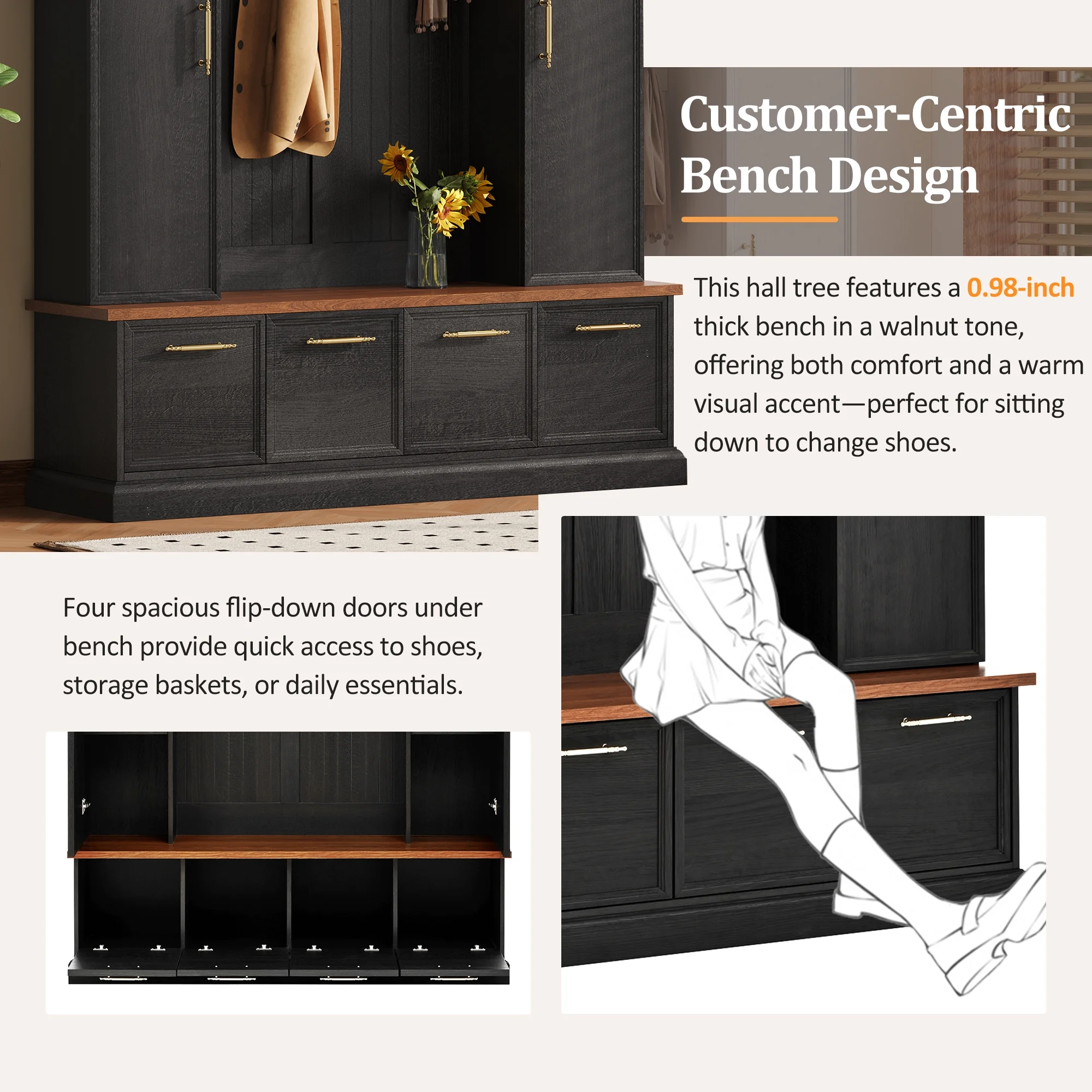 Euroco Wide Hall Tree with Golden Hooks  Handles, Practical Entryway Walnut Bench with Adjustable Shelves, 76.7"H Farmhouse Wooden Style Coat  Shoe Rack for Mudroom, Living Room, Black(Black)