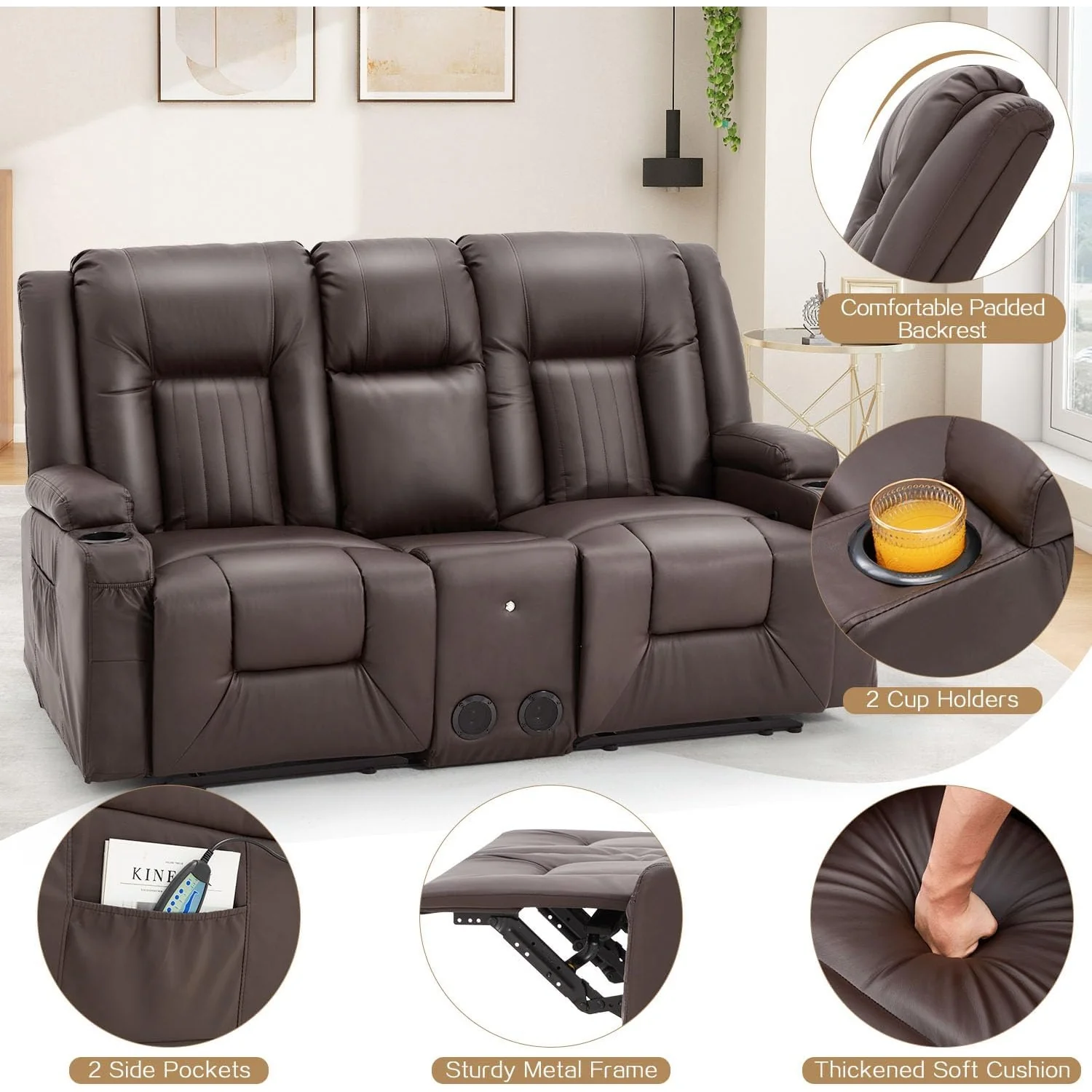 AECOJOY Recliner Loveseat with Console&Bluetooth Speakers, Manual RV Reclining Sofa, Brown