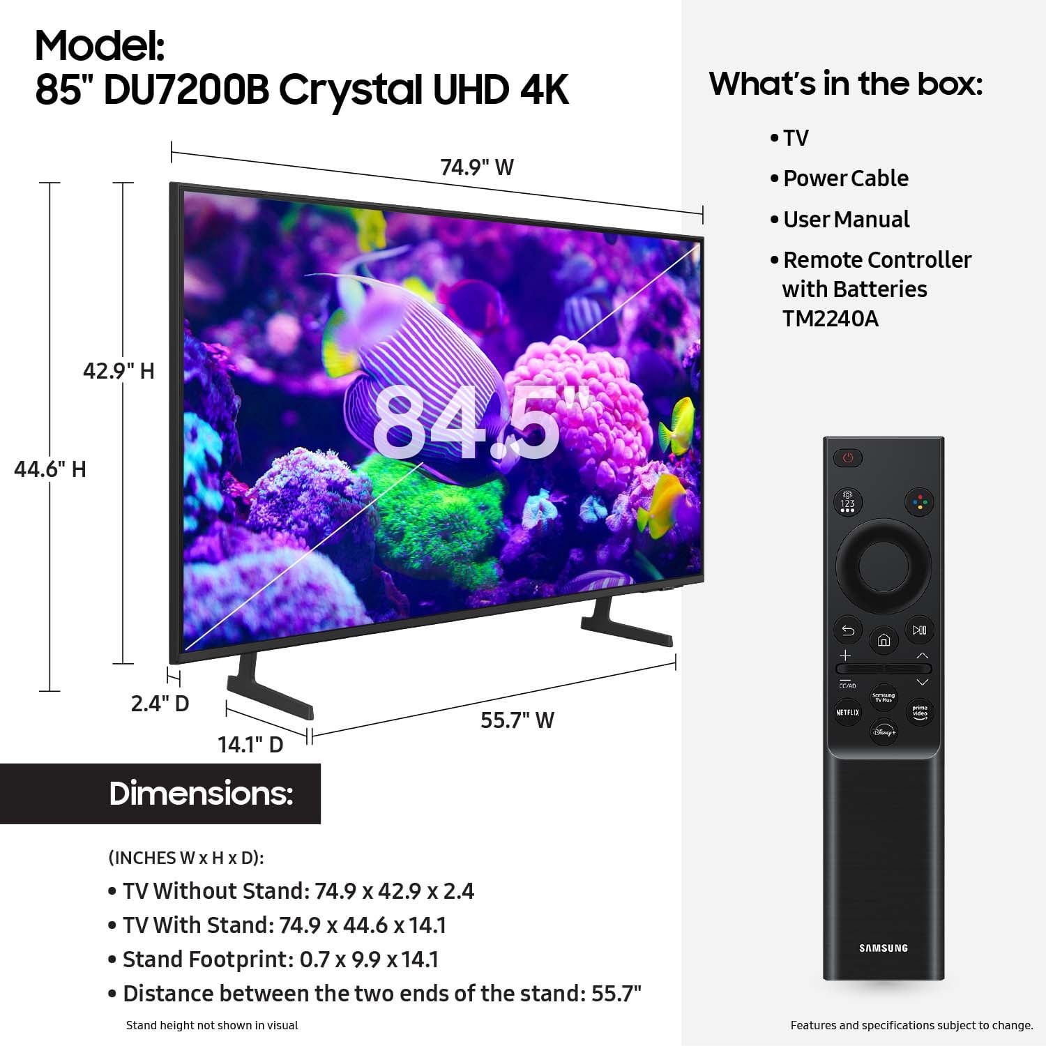 Téléviseur intelligent Samsung Crystal UHD 4K 85″ DU7200B avec PurColor, HDR et système d'exploitation Tizen – Modèle 2024