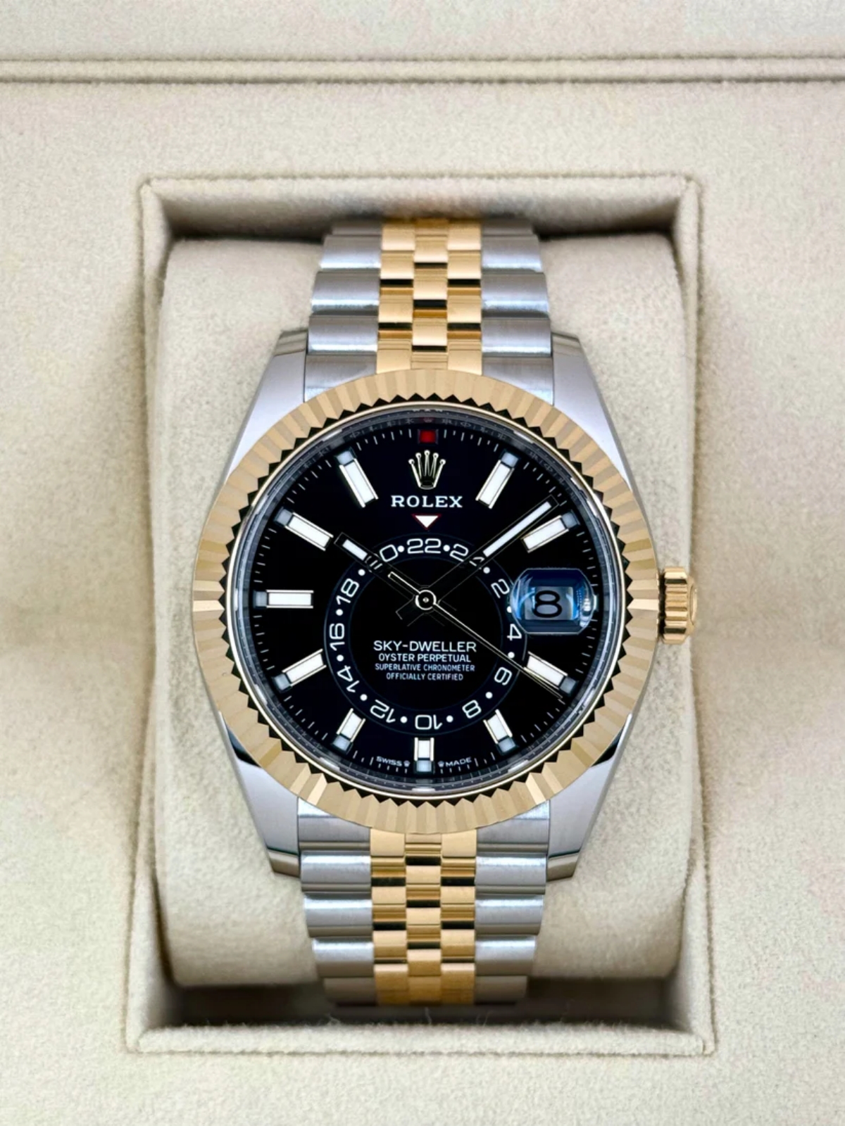 [Super Clone]RLX  Sky-Dweller 42mm Two-Tone Yellow Gold Black Dial Jubilee - 336933 - New 2025