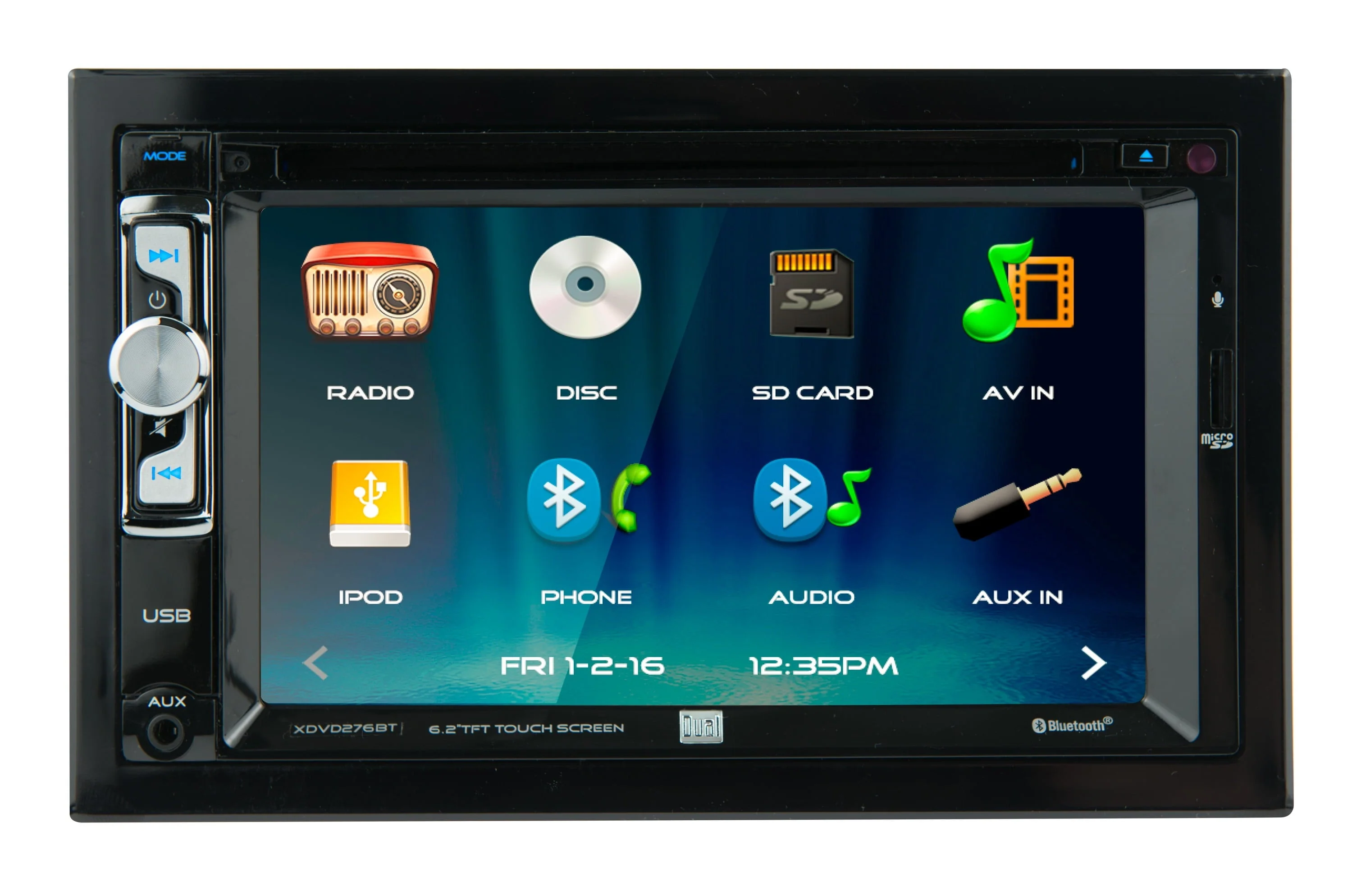 XDVD276BT 6.2 inch LED Backlit LCD Multimedia Touch Screen Double Din Car Stereo with Built-in Bluetooth, iPlug, CD/DVD Player and USB/microSD Ports - Image 5