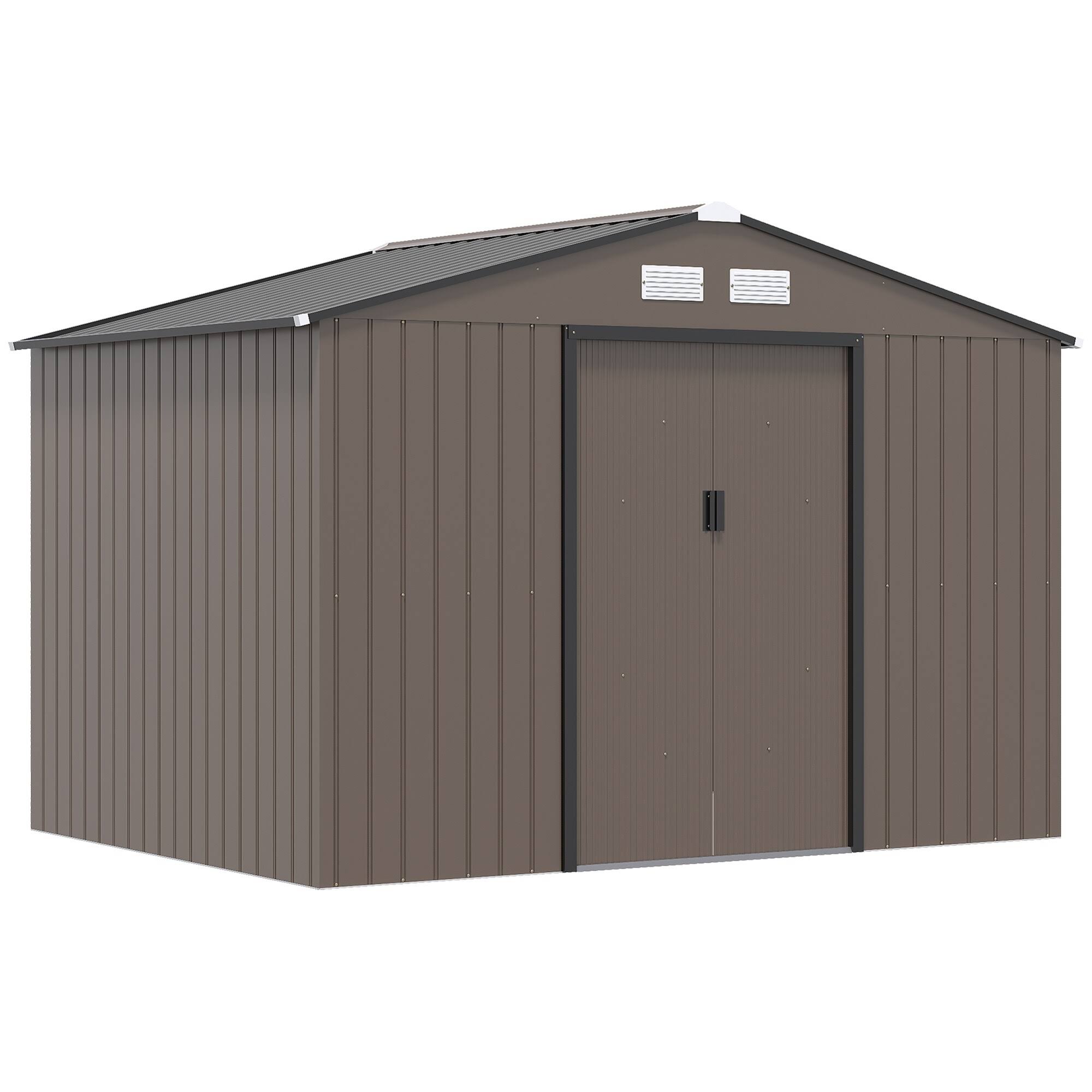 Outsunny 9' x 6' Outdoor Storage Shed, Garden Tool House with Foundation, 4 Vents and 2 Easy Sliding Doors - Brown