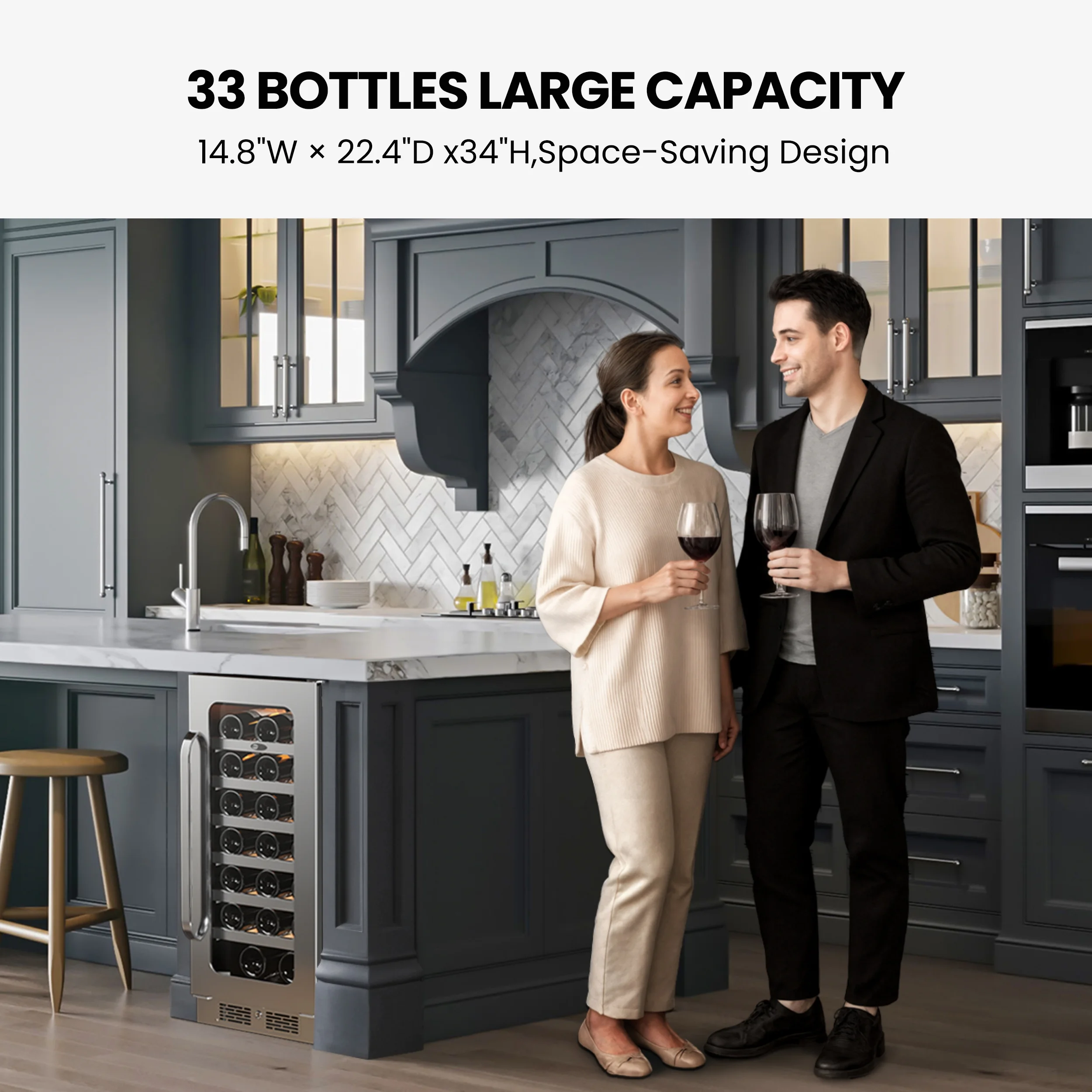 Whynter 15 in Wine Fridge Cooler - 33 Bottles Wine Fridge with Glass Door, Small Wine Refrigerator with 3 LED Light Built - in for Home Bar Kitchen