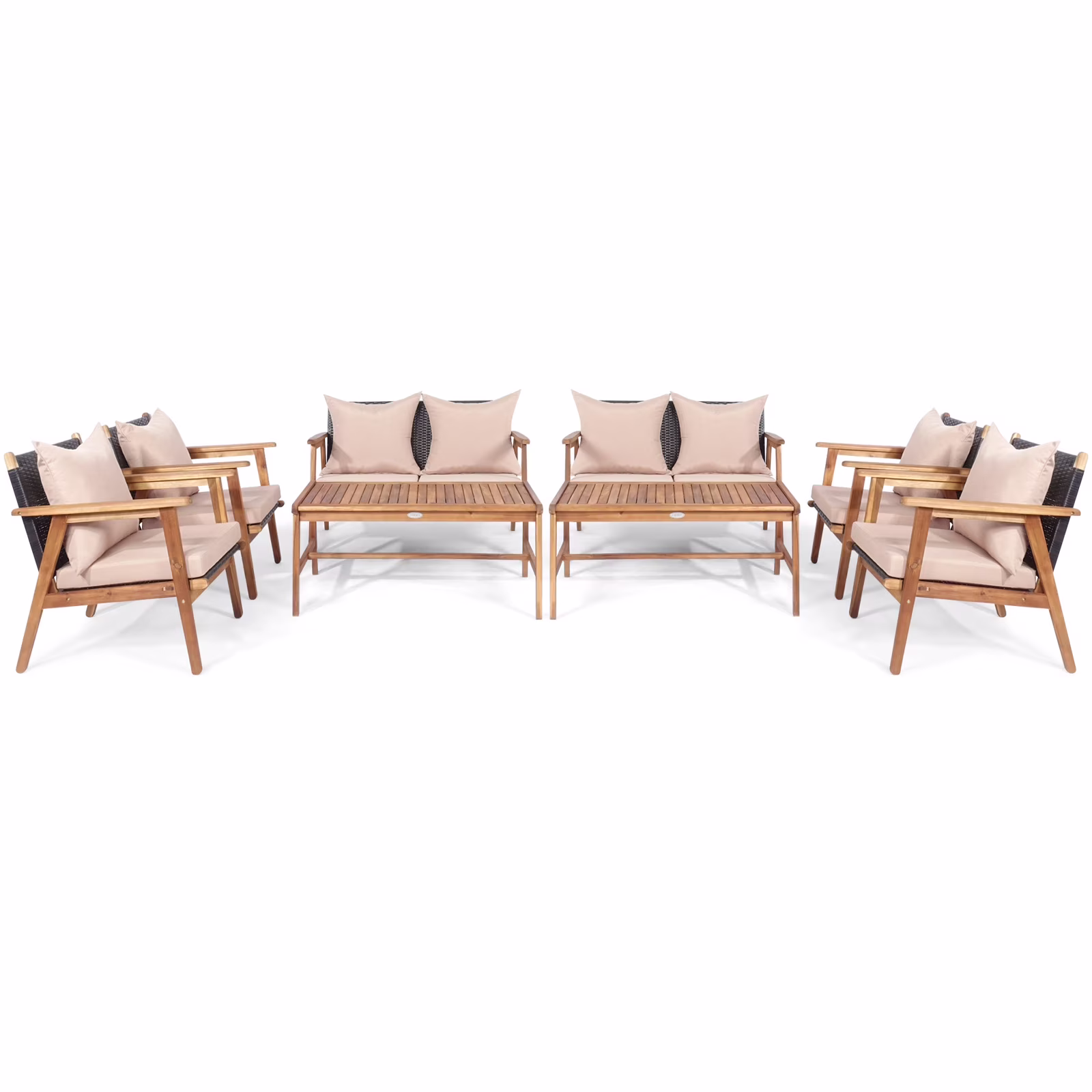 Patiojoy 8PCS Patio Rattan Furniture Set Wood Frame Cushioned Sofa with Coffee Table Sectional Conversation Sofa Set for Garden Brown