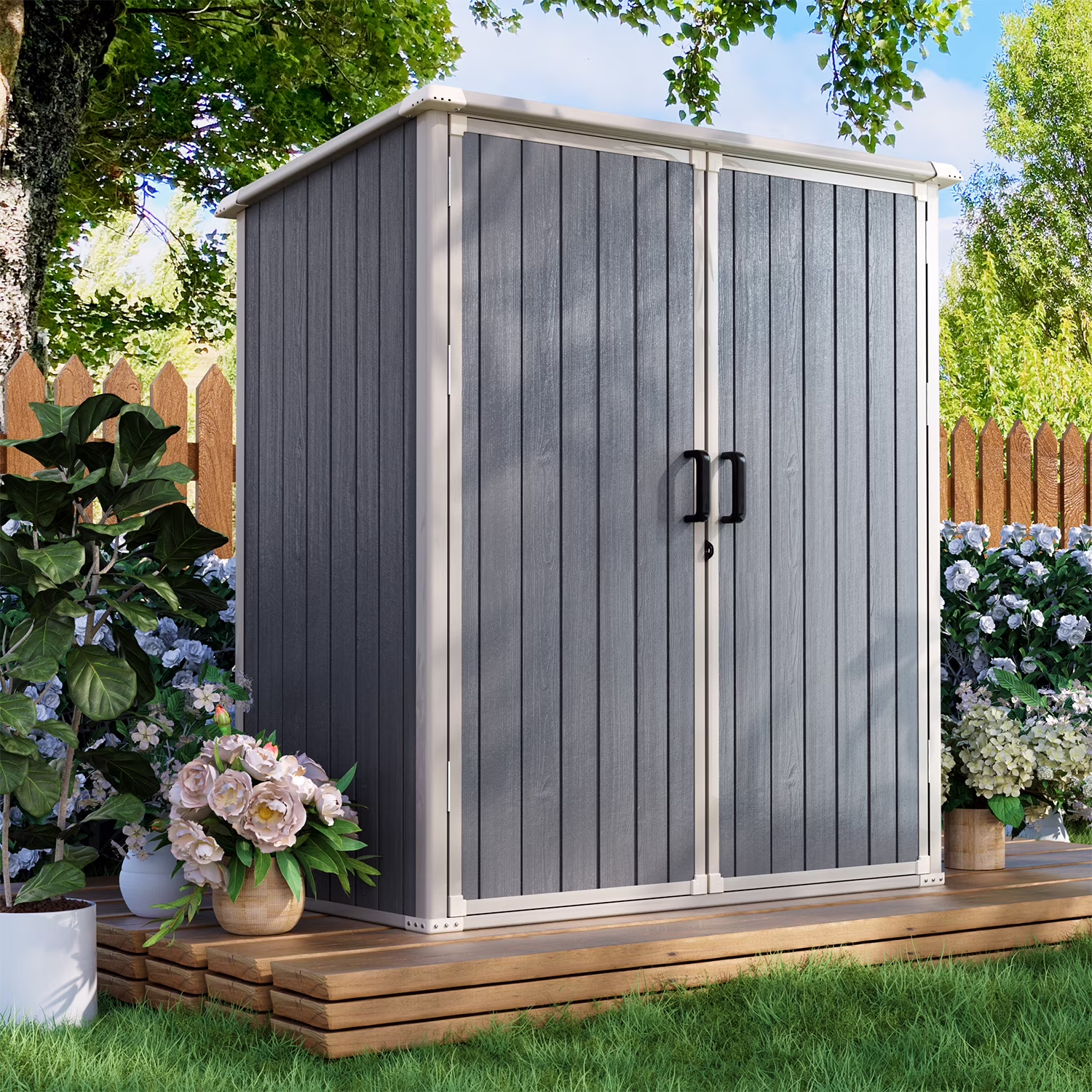 5.0' X 3.1' Resin Outdoor Shed with Base Frame, Plastic Shed with Lockable Door, for Garden, Ptaio, Backyard, Gray(Gray)