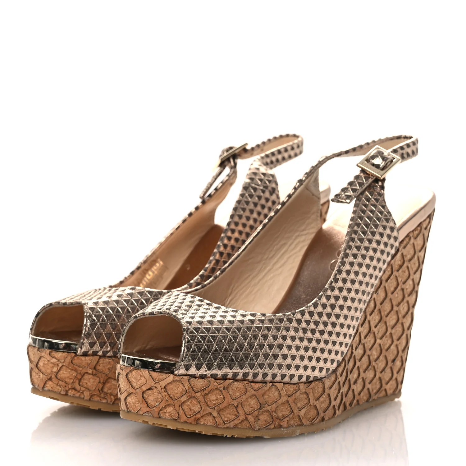 Metallic Embossed Calfskin Pacific 120mm Peep-Toe Cork Wedge Sandal 36 Gold