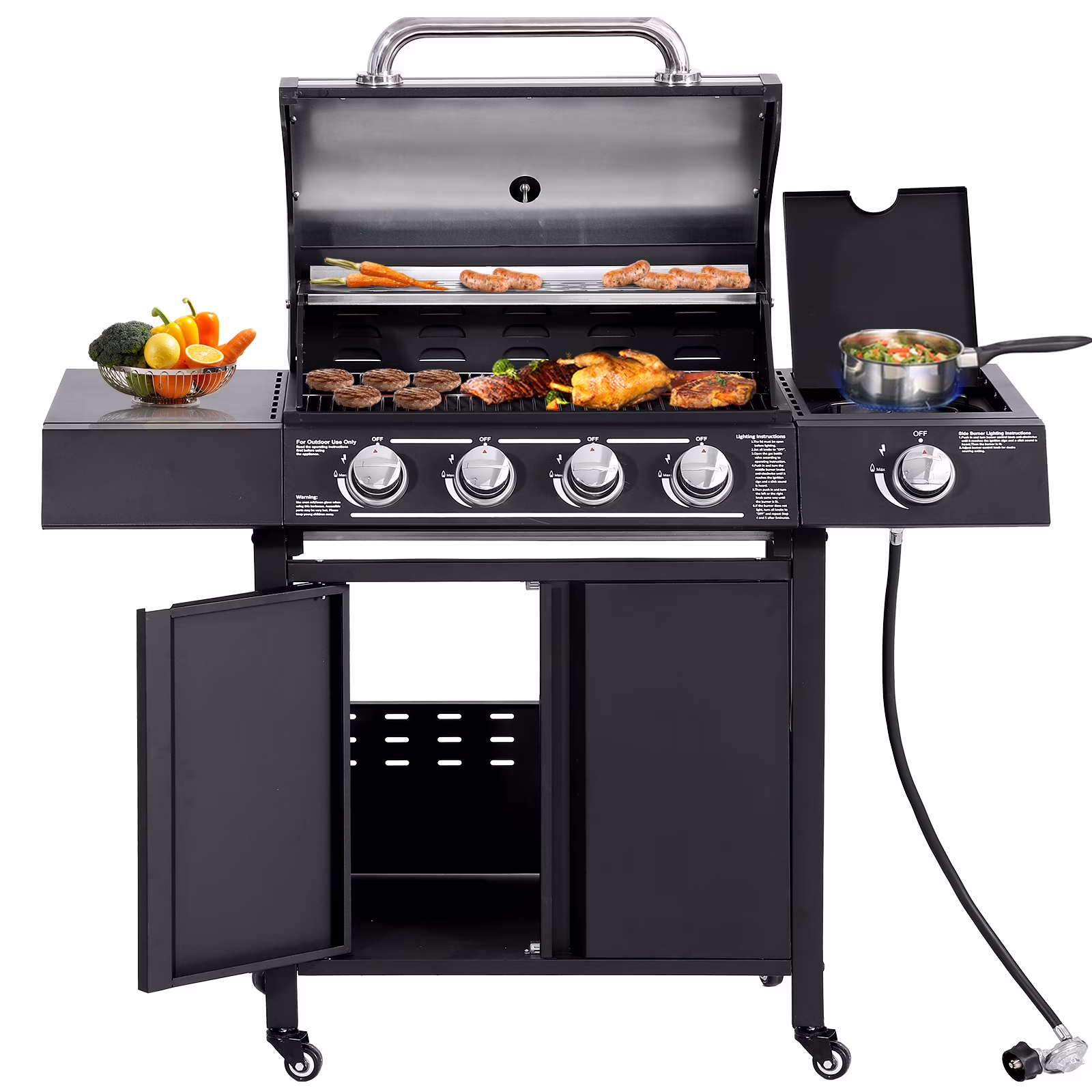 Haverchair 4-Burner Gas Grill Propane with Side Burner 50,000 BTU Outdoor BBQ Propane Gas Grill Cart Barbecue Grill for Patio Garden Picnic Backyard Cooking Camping,Black