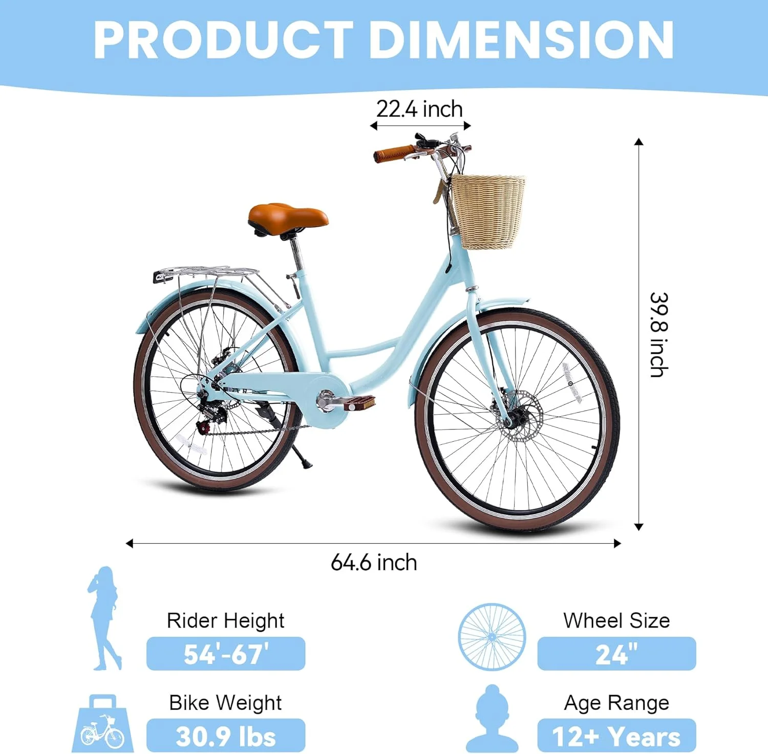 26" Beach Cruisers for Women, Bikes for Women with Rattan Basket, 7-Speed Step-Through Frame(Light Blue/26") - Image 10
