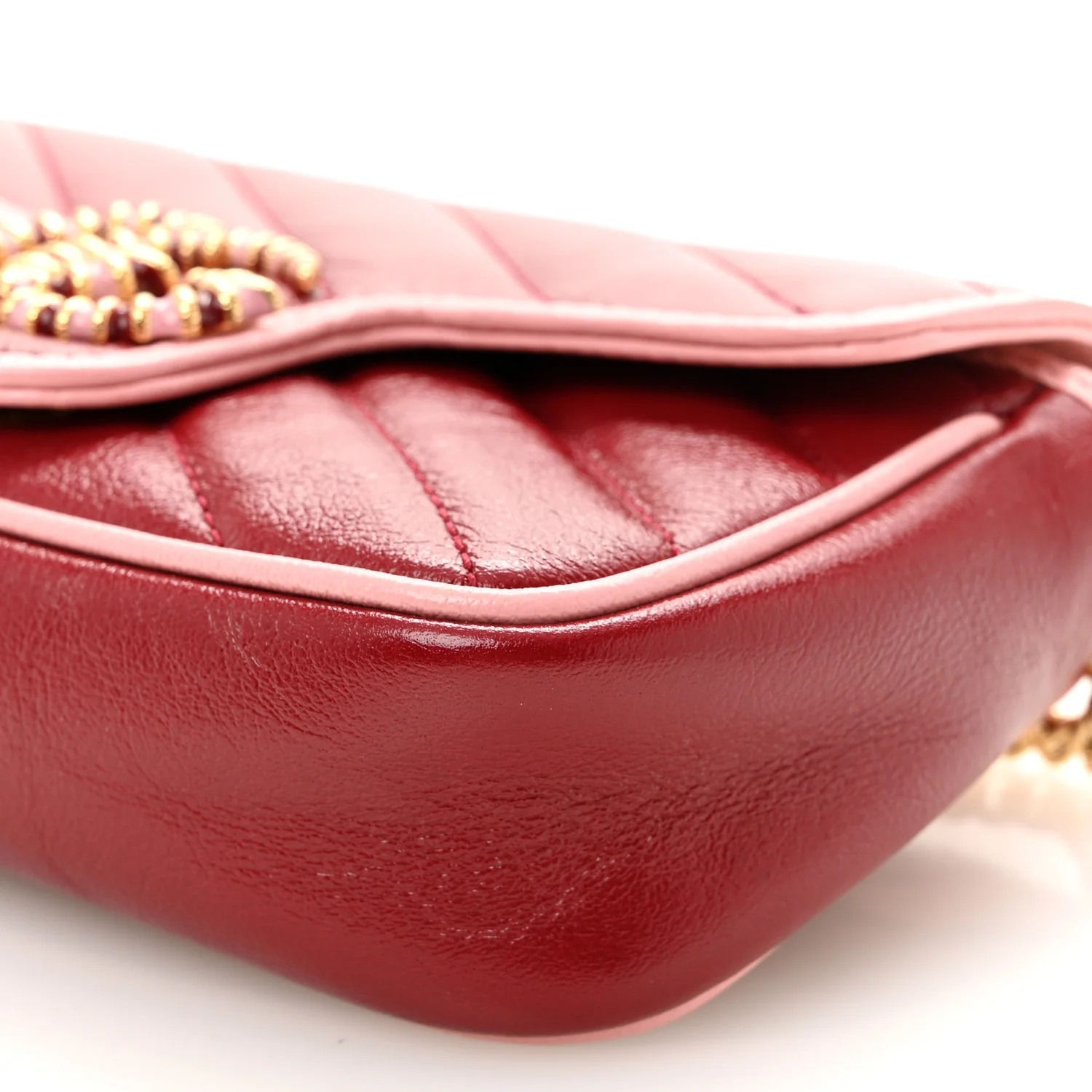 Azalea Calfskin Enamel Matelasse Diagonal Super Mini Torchon GG Marmont Shoulder Bag New Cherry Red Wild Rose