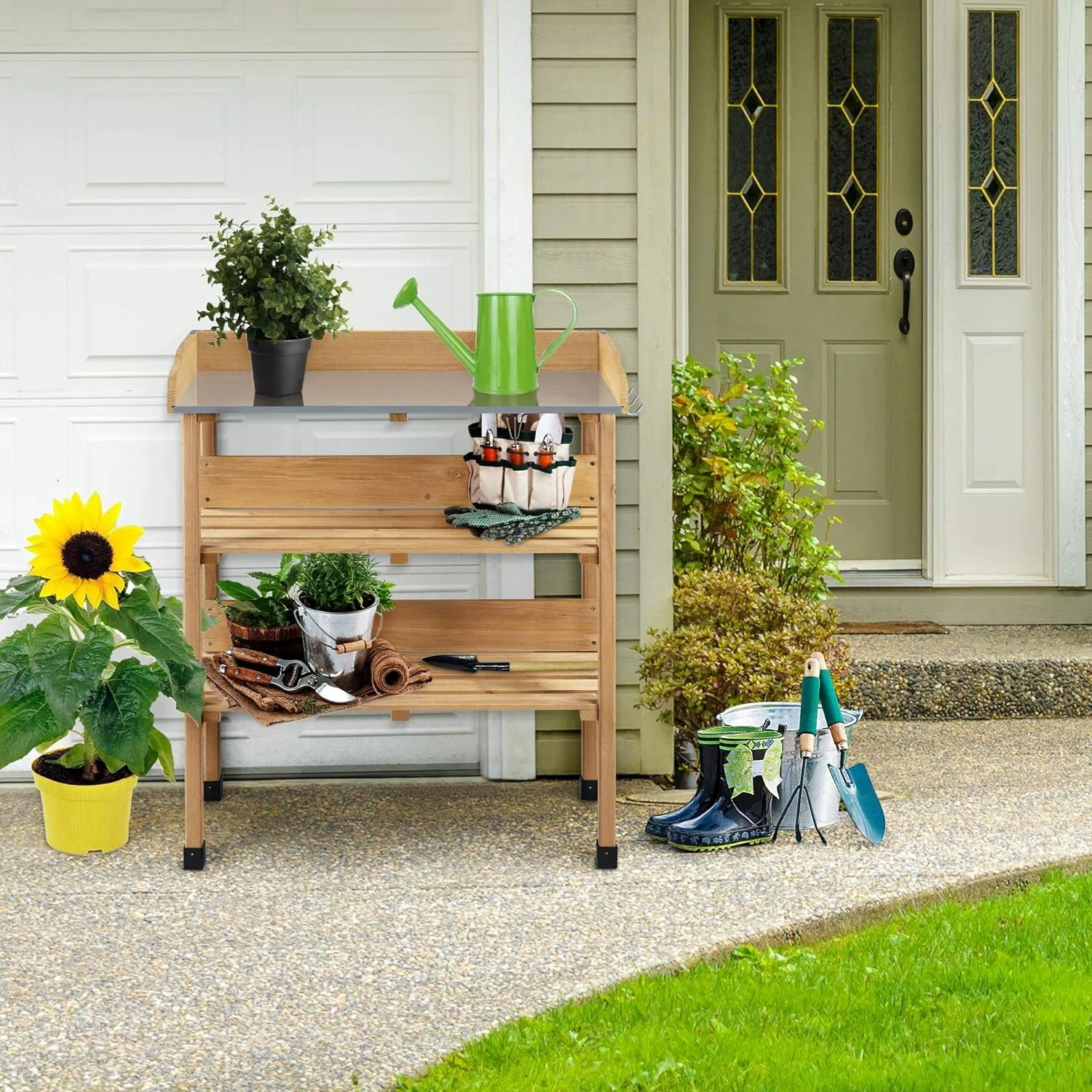 Outdoor Garden Potting Bench Table Wooden Horticulture Planting Worstation w/Metal Tabletop/Storage Shelf/3 Hooks, Natural Wood - Image 4