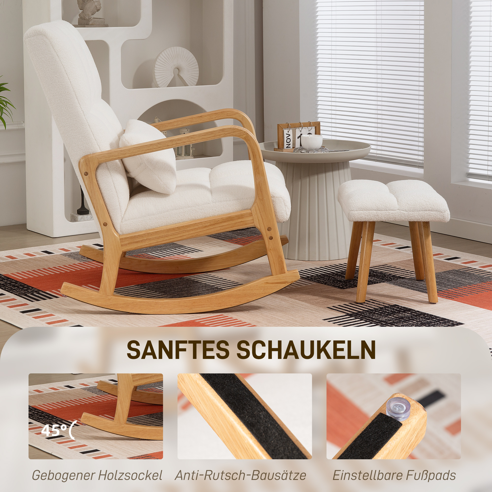 HOMCOM Schommelstoel met Voetensteun, Fleece-Bekleding, Hoge Rugleuning, Houten Poten, Voetpads, Wit