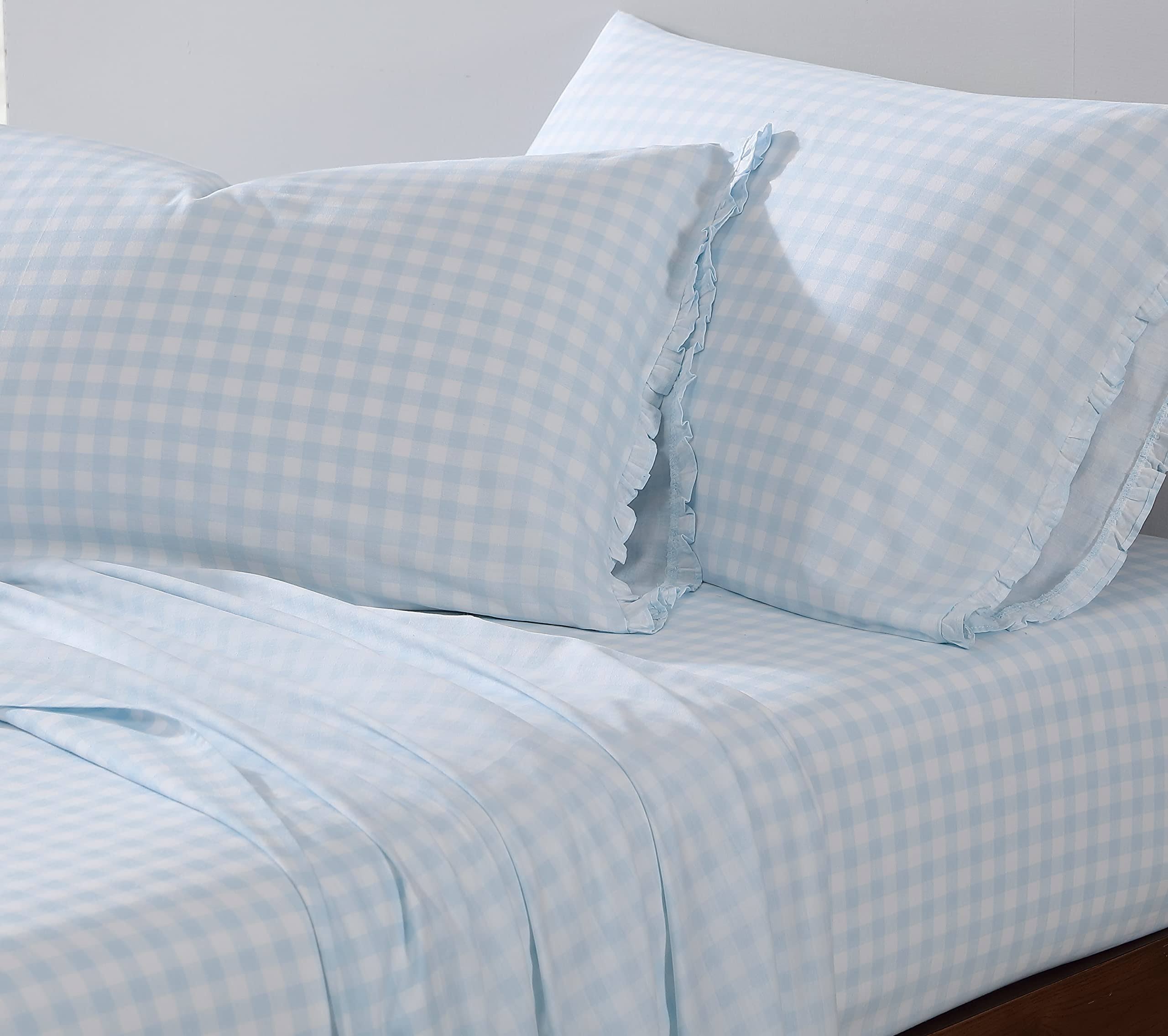Shabby Chic - Twin Sheets, Soft & Breathable Organic Cotton Bedding Set, Classic Style Home Decor with Ruffled Pillowcase (Gingham Blue, Twin)