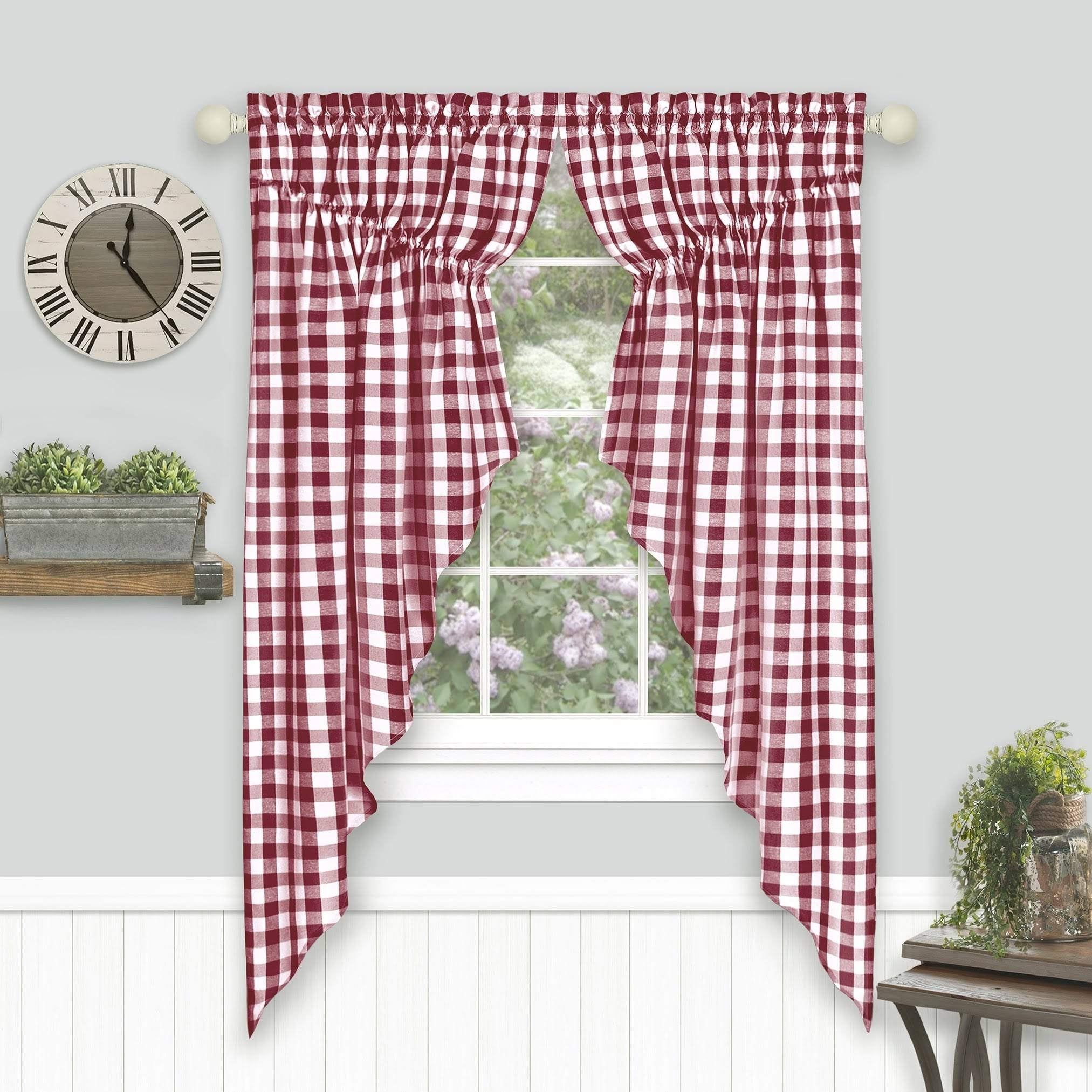 Buffalo Check Gathered Swag Window Curtain Pair, 72x63 Inches Burgundy