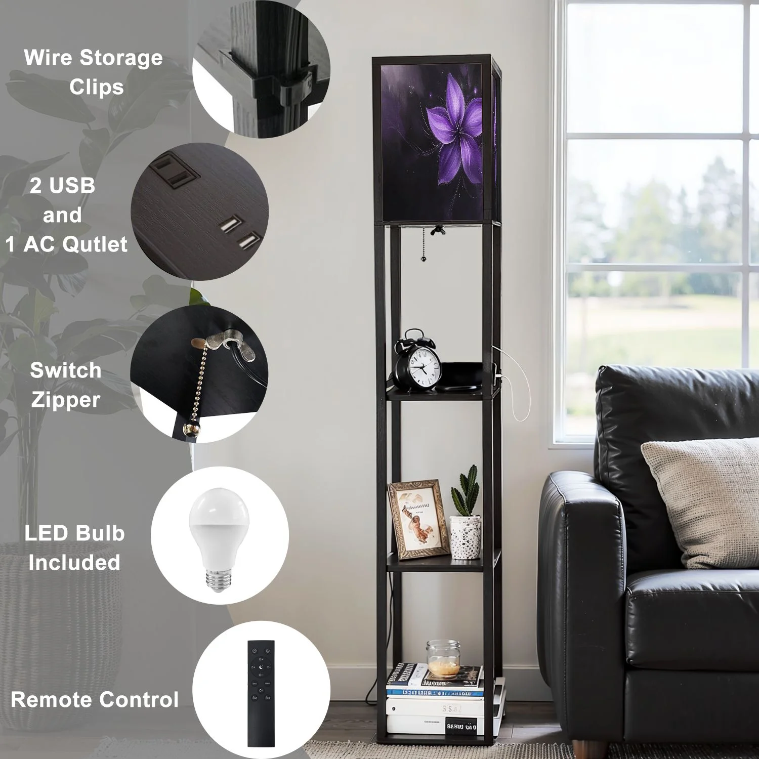 Floor Lamp with Shelves Corner Display Bookshelf Lamp for Living Room and Bedroom Purple Purple Wall Decor Purple Flower LED Modern Shelf Floor Lamp 3 Color Temperature(Color-1) - Image 6
