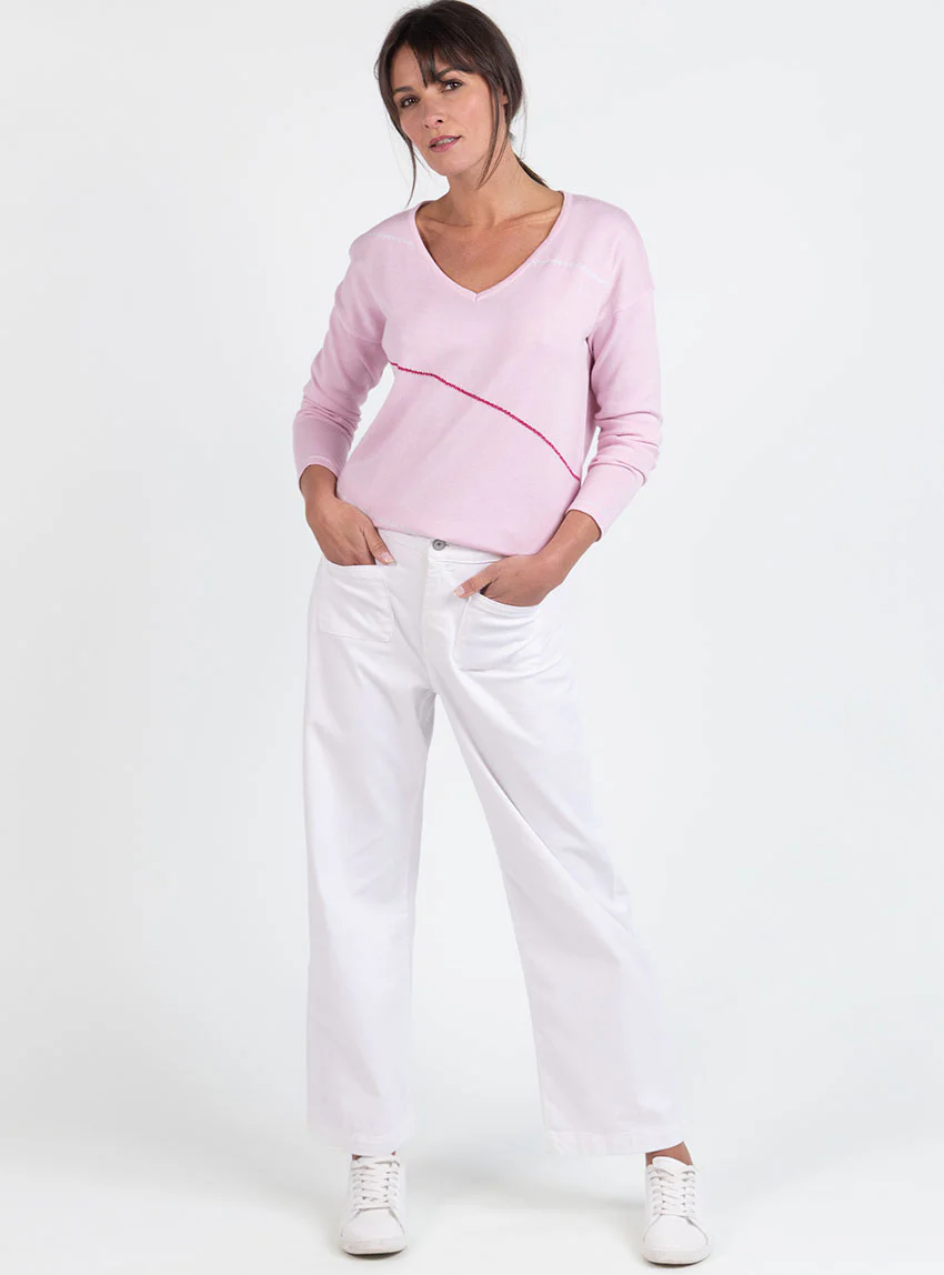 Pull femme col V en coton rose