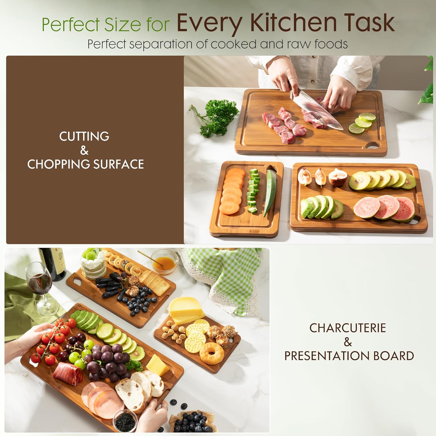 Astercook Deep-Carbonized Bamboo Cutting Boards for Kitchen with Wood Storage Stand, Reversible Charcuterie & Chopping Boards with Juice Grooves and Easy-Grip Handles, Father's Day Gift for Men