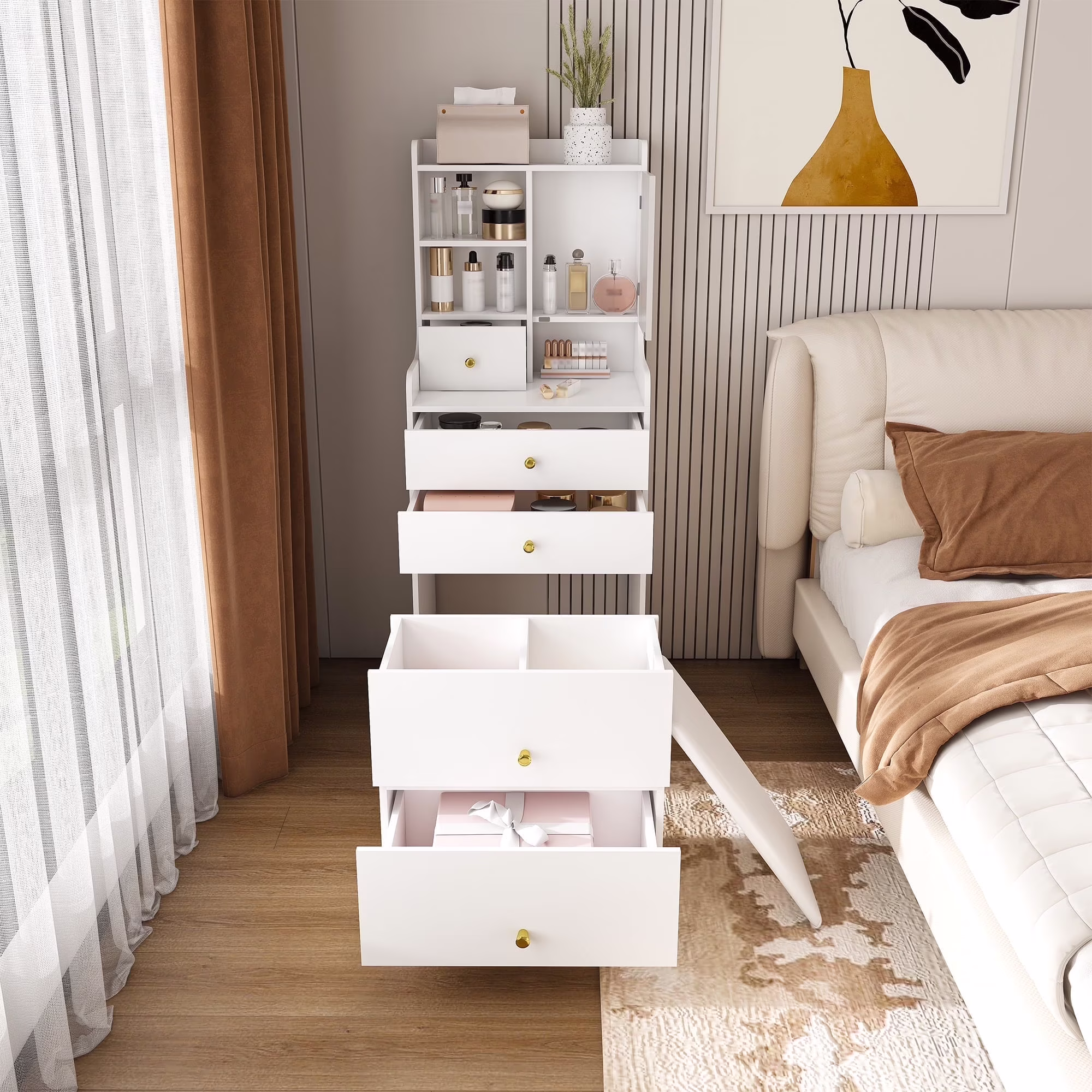 Modern Mini Vanity w/Adjustable LED Mirror + Hidden Storage, Padded Stool Dustproof Shelves (White)(White-S7) - Image 7