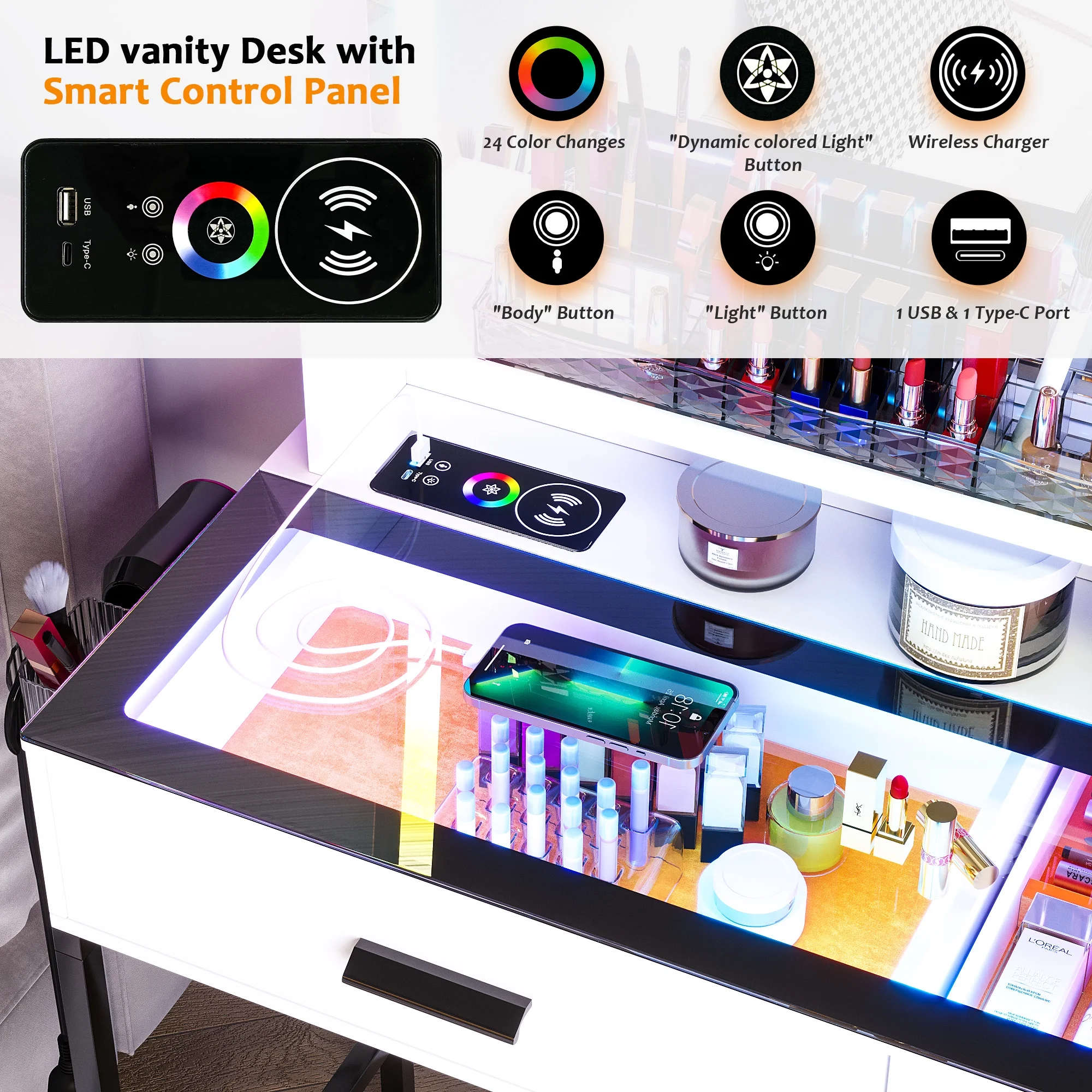 Vanity Desk with Mirror and RGB Lights, Glass Top Makeup Vanity with Auto Sensor Lights and Wireless Charging, Vanity Table Set with Cushion Stool, Dressing Table with 6 Drawers (White)(White) - Image 6