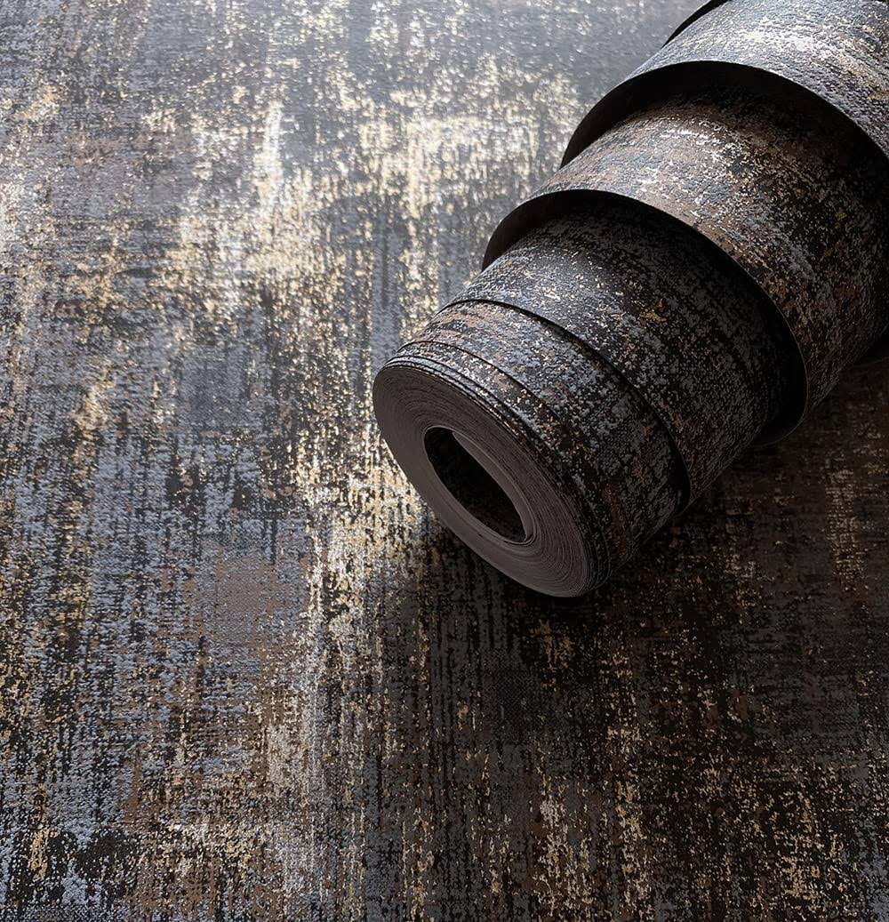 Am1nah Matte Thick Textured Wallpaper Distressed Charcoal Gold Blue Wall Covering Industrial Style Non-Woven Wall Paper, 20.86 x 393.70 inch per Roll