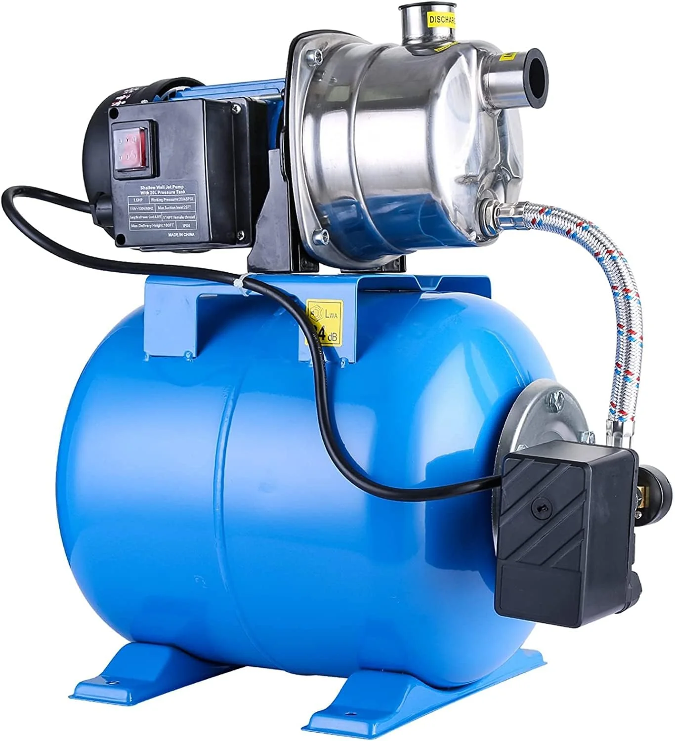 Pompe à eau pour puits peu profonds de 1,6 CV avec réservoir sous pression, débit de 1268 GPH, en acier inoxydable, pompe de transfert et de drainage, pompe de surpression pour système d'arrosage automatique, pompe à eau pour l'irrigation de la maiso