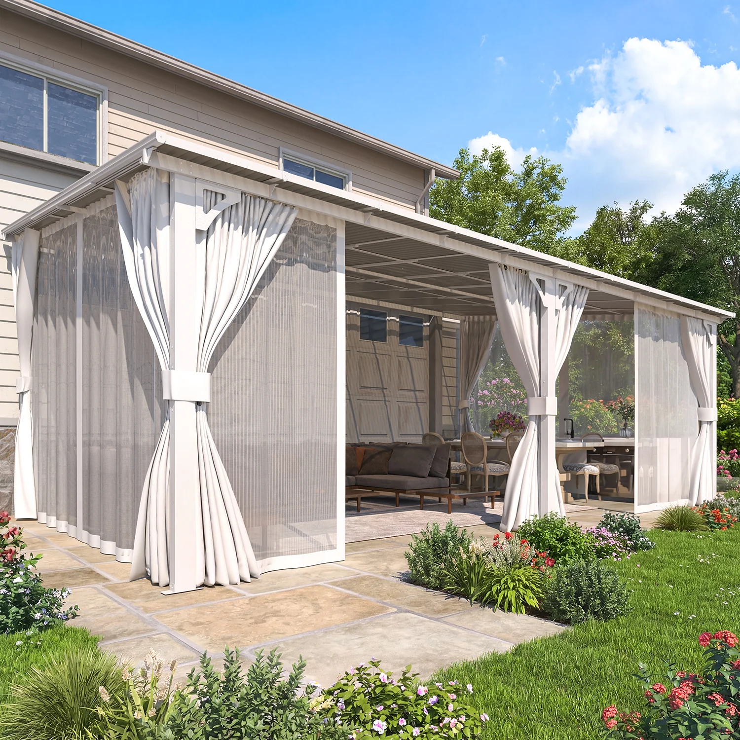 AECOJOY 20'x12' Wall Gazebo with Curtains and Mosquito Netting, White