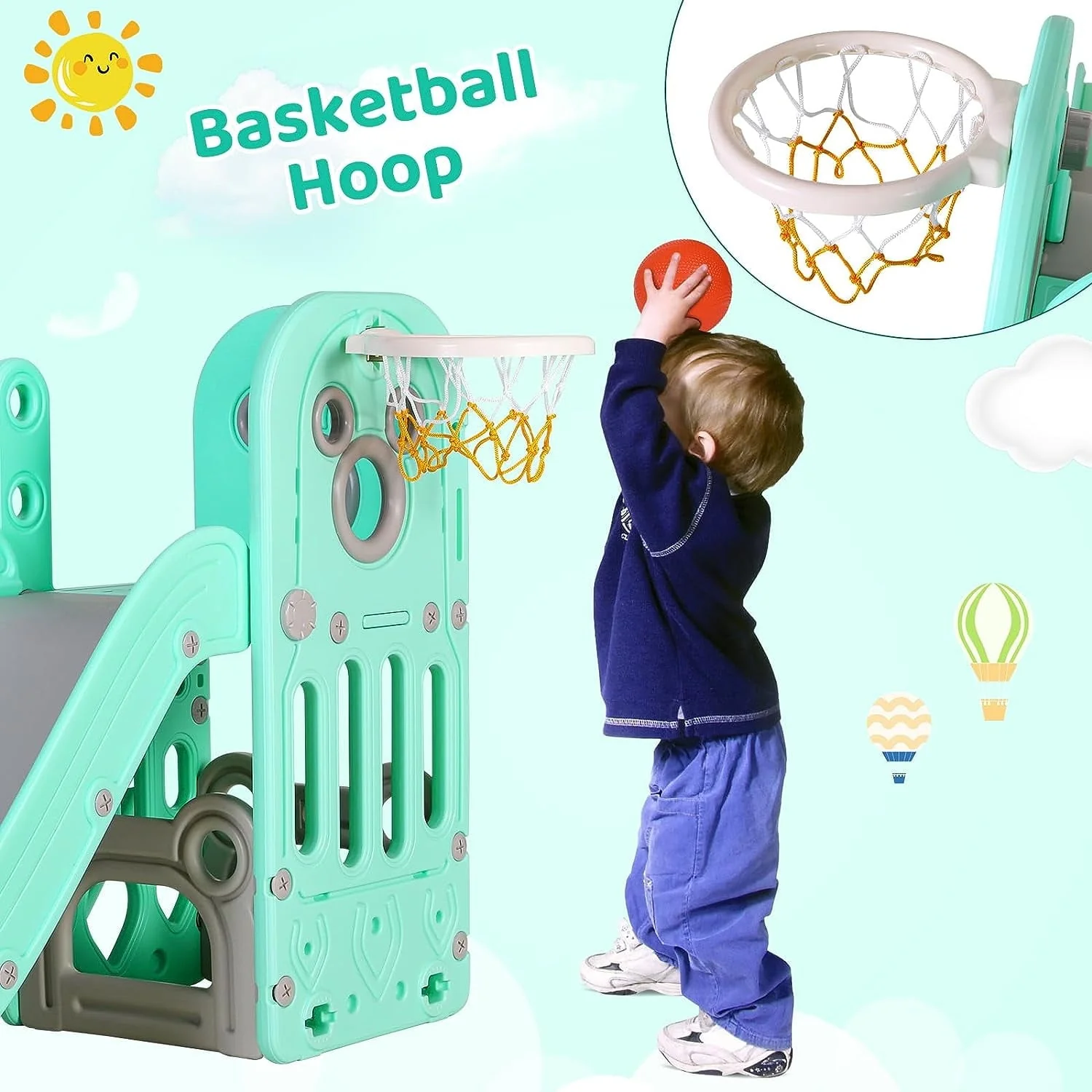 Sturdy Kids Slide, 4 in 1 Toddler Slide and Climber Playset with Basketball Hoop Storage Space, Non Slip Steps, Indoor Outdoor Toys for Boys Girls Image 8