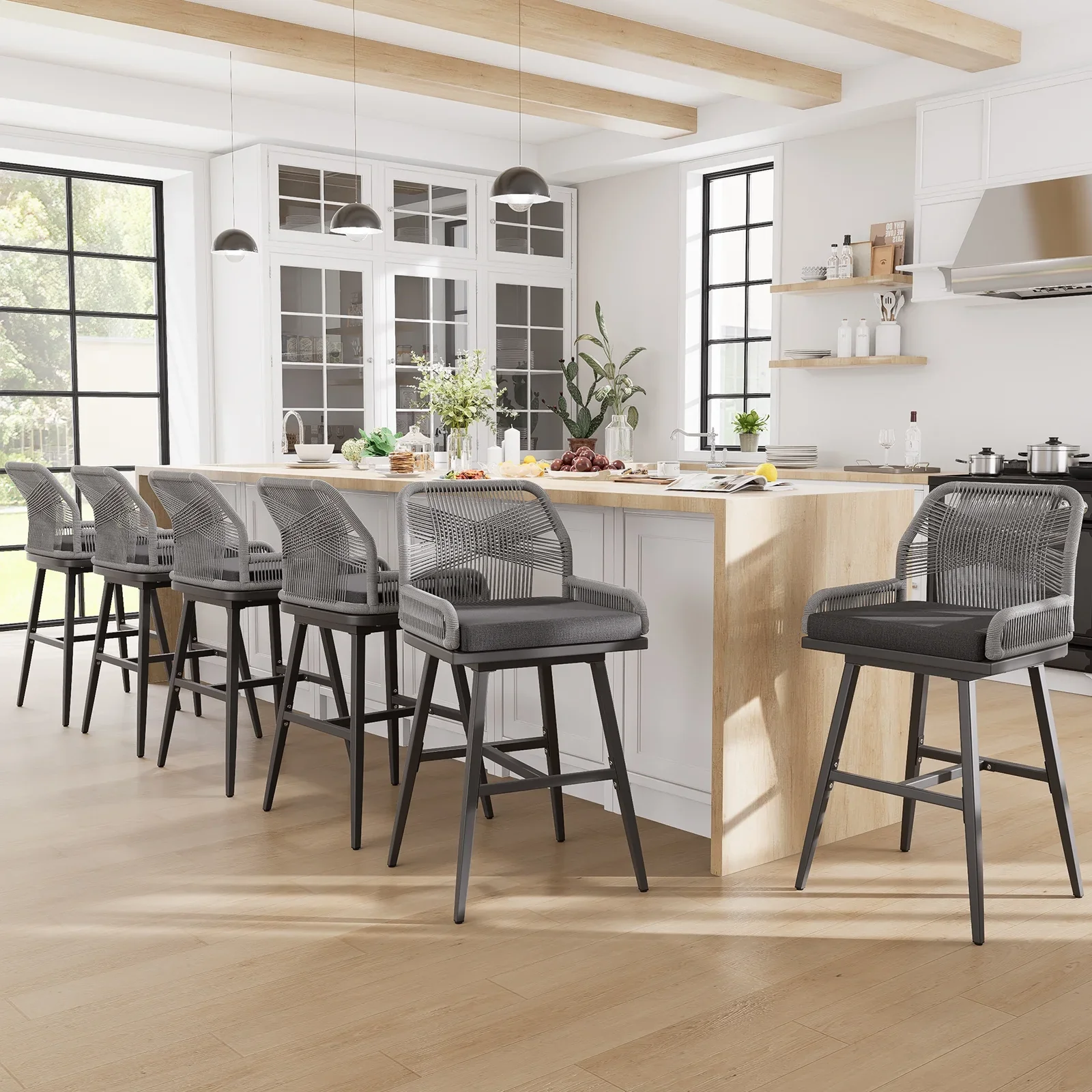 MEISSALIVVE Set of 2 Rattan Swivel Bar Stools, 26 Counter Height with Woven Rope Back, Cushioned Patio Bar Chairs for Kitchen, Garden, Beige