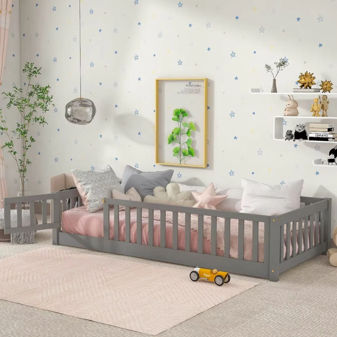 Twin Size Floor Bed for Kids, Wood Twin Montessori Bed Frame with Fence Guardrails and & Support Slats, Twin Playhouse Bed with Door Design, Kids Fence Bed Playpen Bed for Toddler, Boys, Girls, Gray