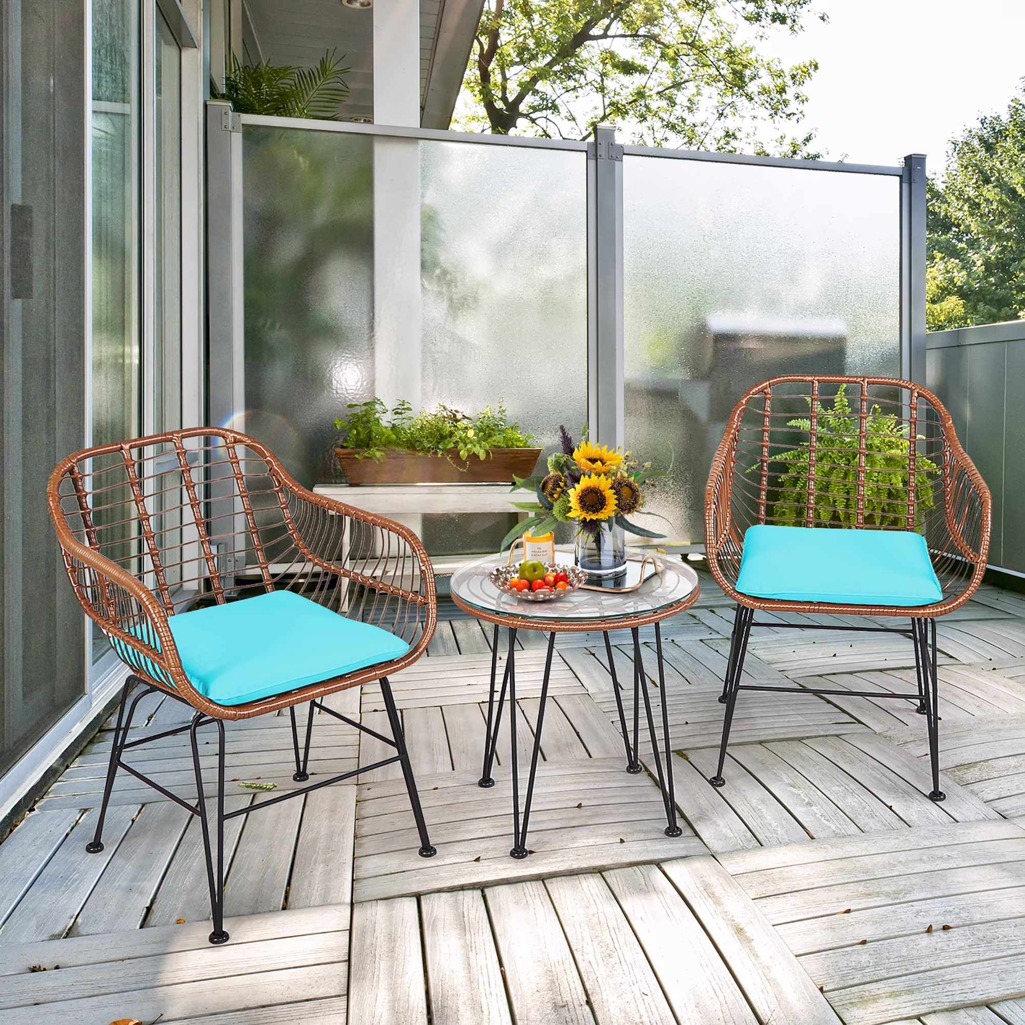 Costway 3PCS Patio Rattan Bistro Set Coffee Table Armchair Garden Red Cushion