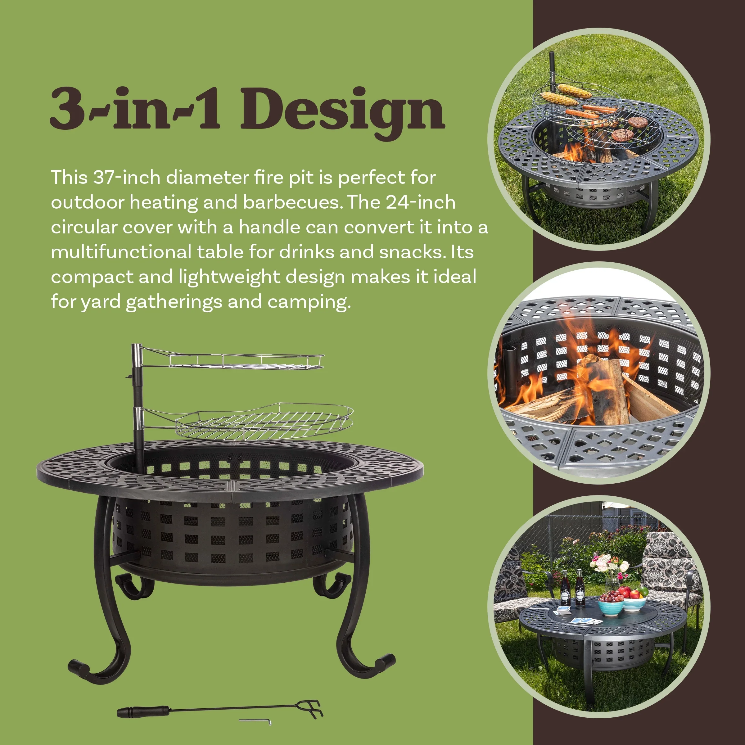 Pure Garden 37 Wood Burning Fire Pit Table with 2 Grills, 3-in-1 Outdoor Fireplace and BBQ, Brown