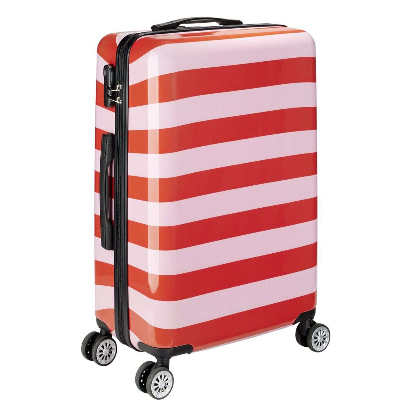 Valise cabine 63L trolley 4 roulettes bayadère rayures rouges et roses 45x26xH66,5cm